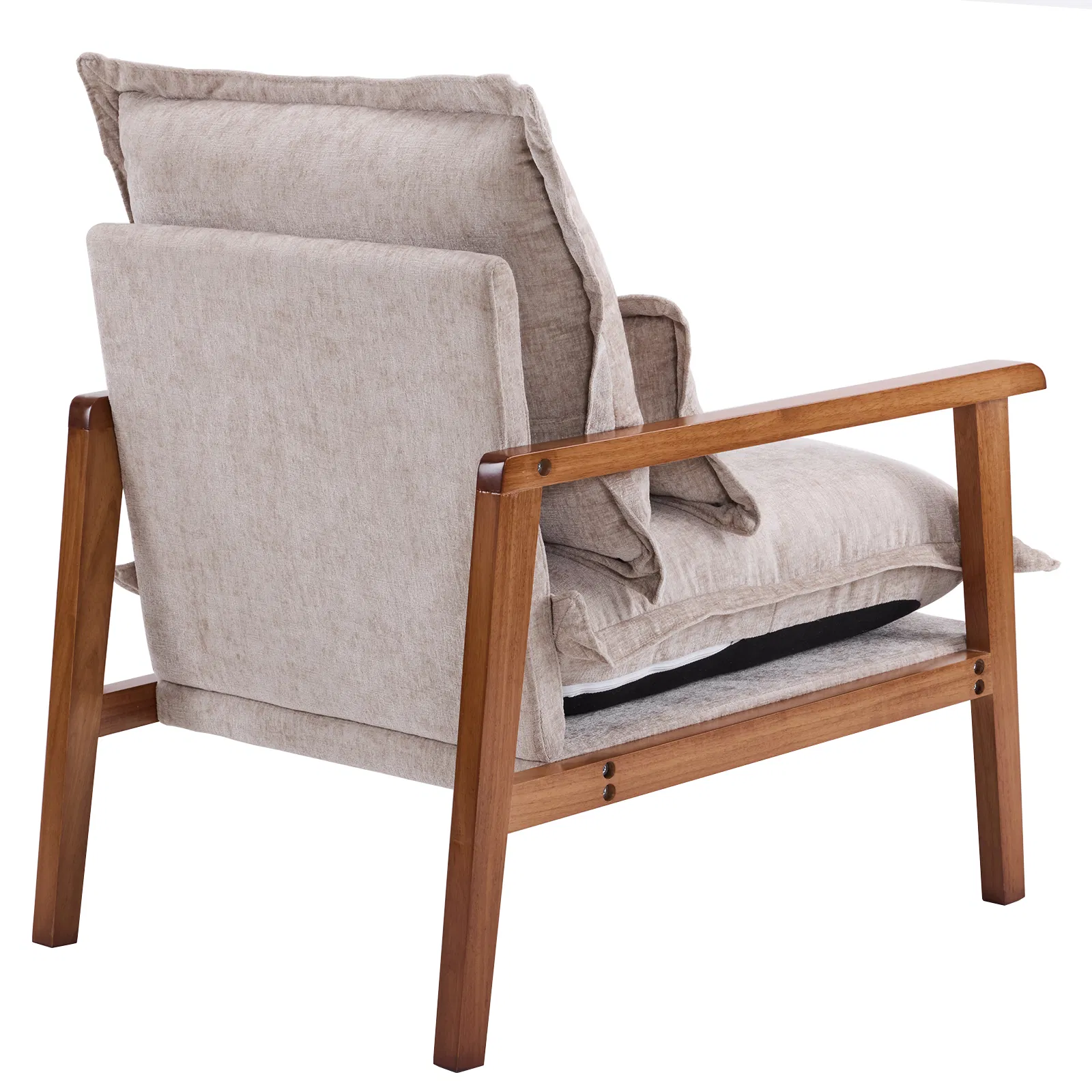 Cloud Shaped Indoor Leisure Chair with Solid Wood Armrest, Metal Frame, Chenille Fabric Accent Chair with Lumbar Pillow, Single Sofa Chair Khaki photo 6