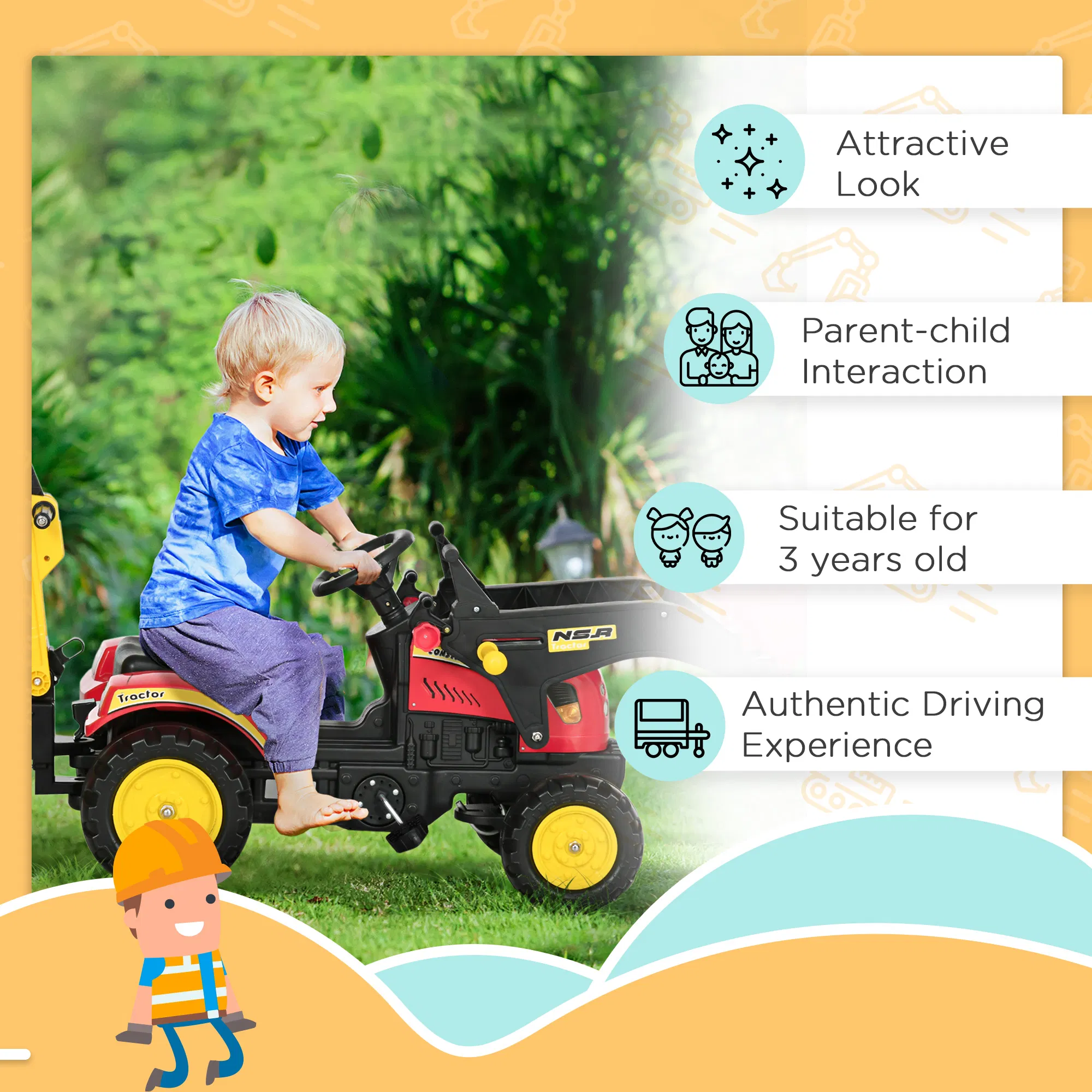 3 in 1 Kids Ride On Excavator Toy with 6 Wheels, Bulldozer with Controllable Cargo Trailer & Easy Pedal Controls photo 4