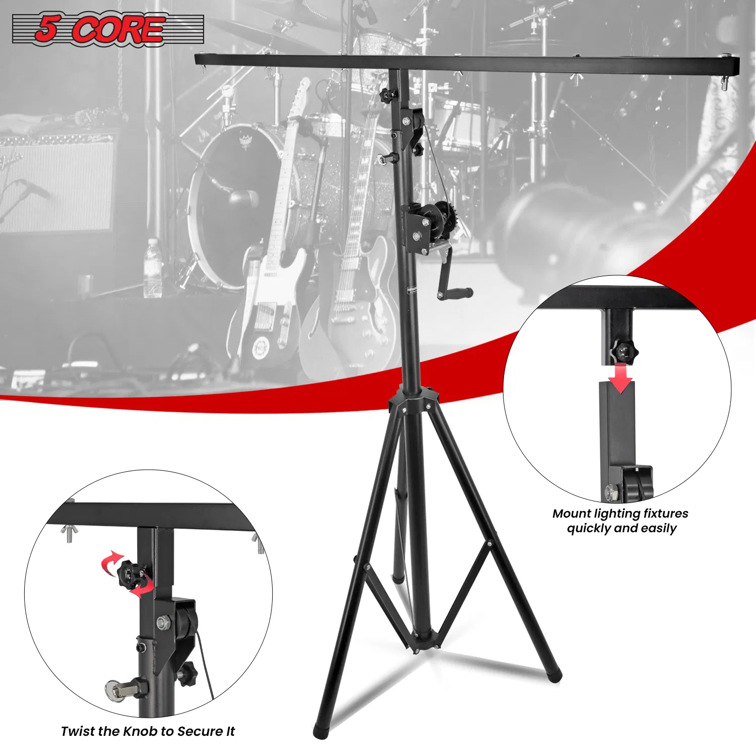 5Core DJ Light Stand Stage Lighting Truss System Hand Crank Up Portable Heavy Duty Height Adjustable 65.5 to 111 Inches T bar Mount for Can Lights Tall Lighting Tripod Floor LS 120 Crank photo 6