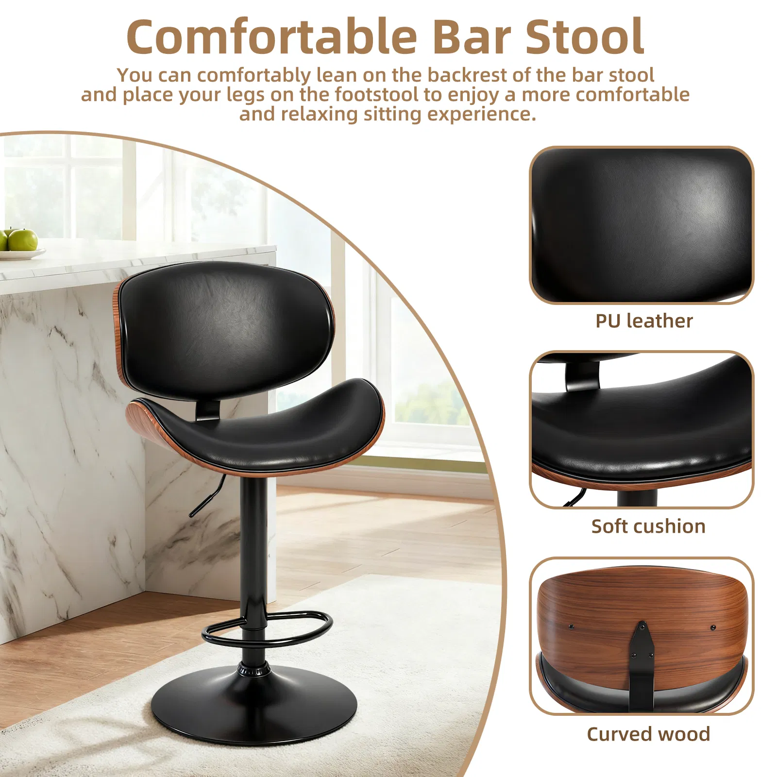 A set of 2 rotating bar stools with adjustable height, PU leather decorative chairs, backrests and footstools, and anti-slip rubber bases photo 2