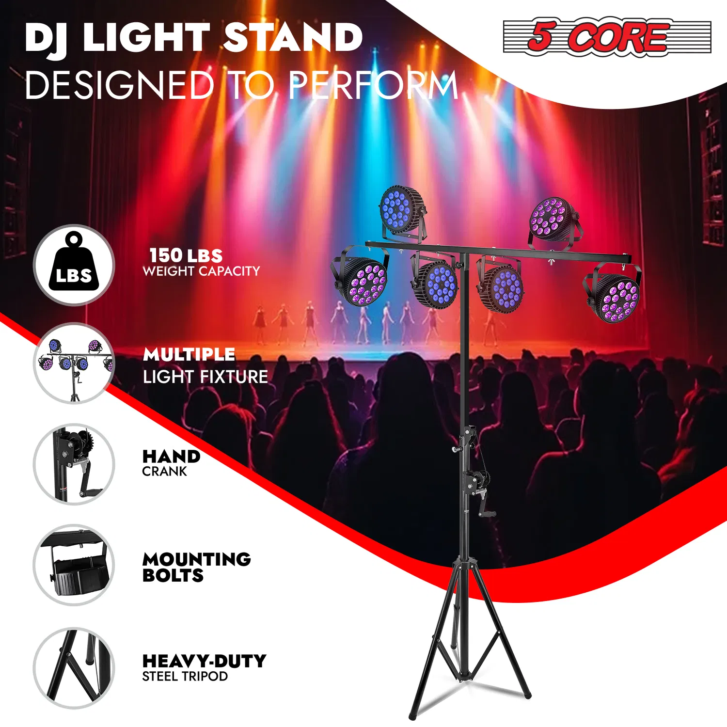 5Core DJ Light Stand Stage Lighting Truss System Hand Crank Up Portable Heavy Duty Height Adjustable 65.5 to 111 Inches T bar Mount for Can Lights Tall Lighting Tripod Floor LS 120 Crank photo 5