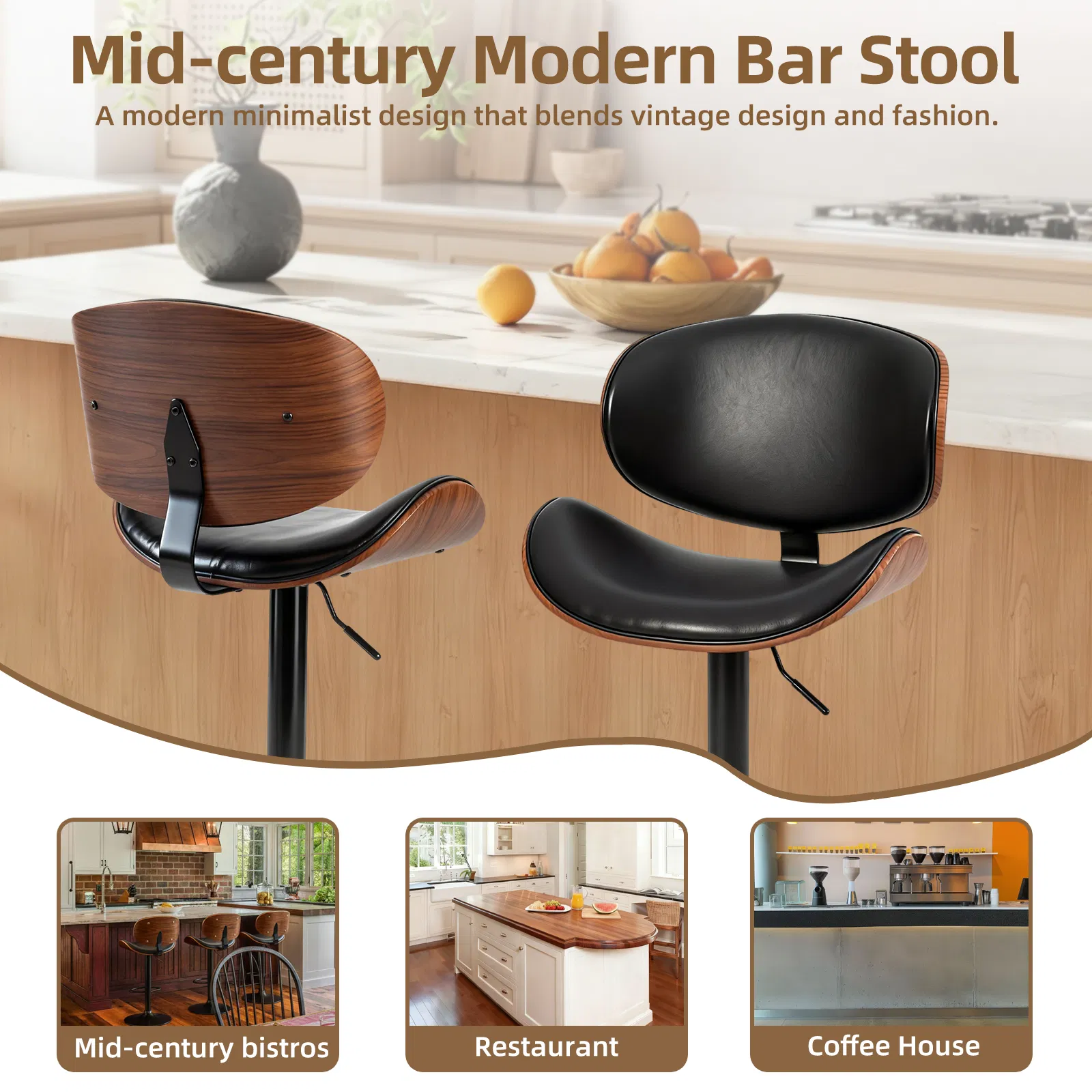 A set of 2 rotating bar stools with adjustable height, PU leather decorative chairs, backrests and footstools, and anti-slip rubber bases photo 4