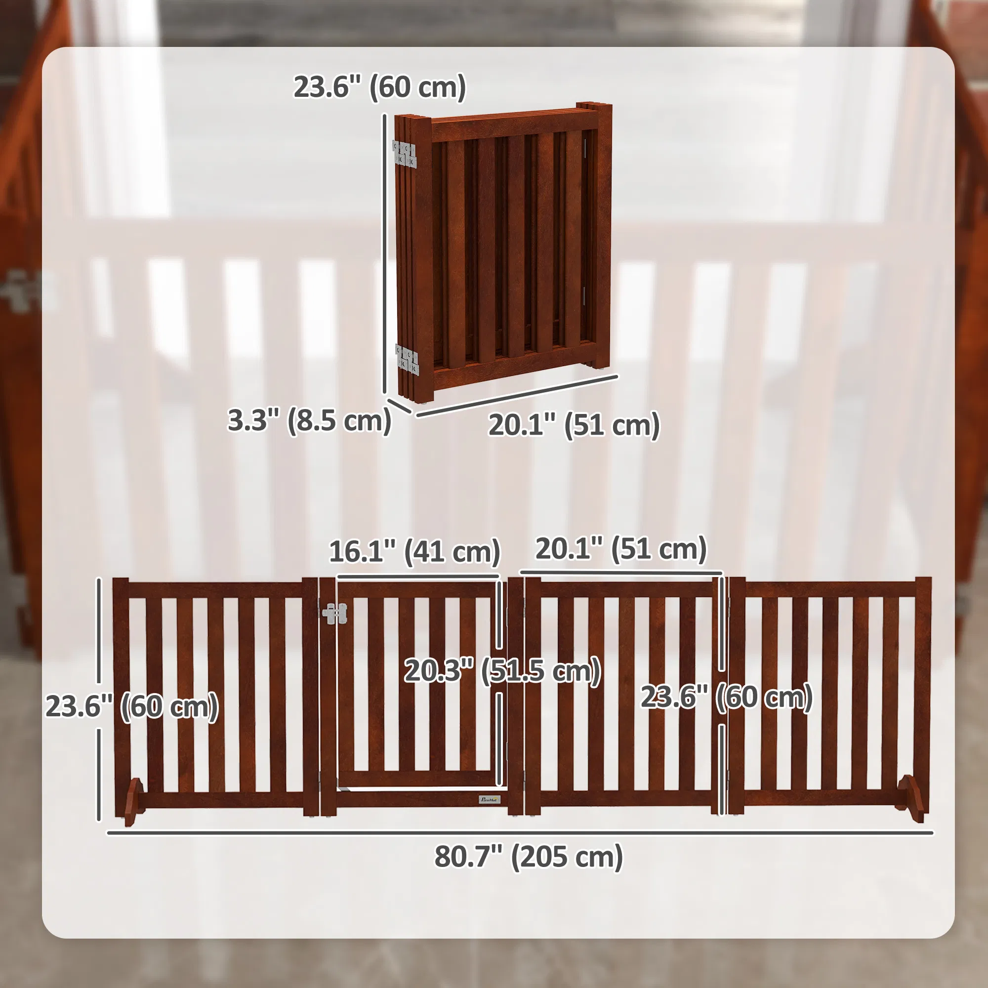 Foldable Dog Gate with Door, 4 Panels Fressstanding Pet Gate, Brown photo 6
