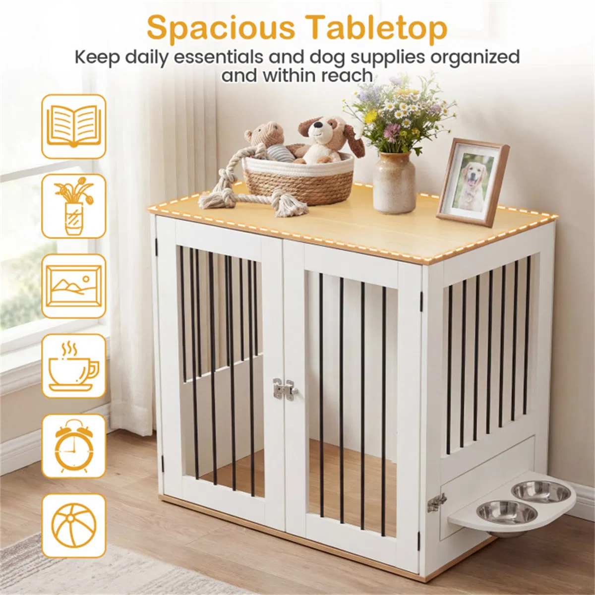 Furniture Style Dog Crate with 360° Rotating Feeder & 304 Stainless Steel Bowls, Double Locking Indoor Dog Kennel photo 7