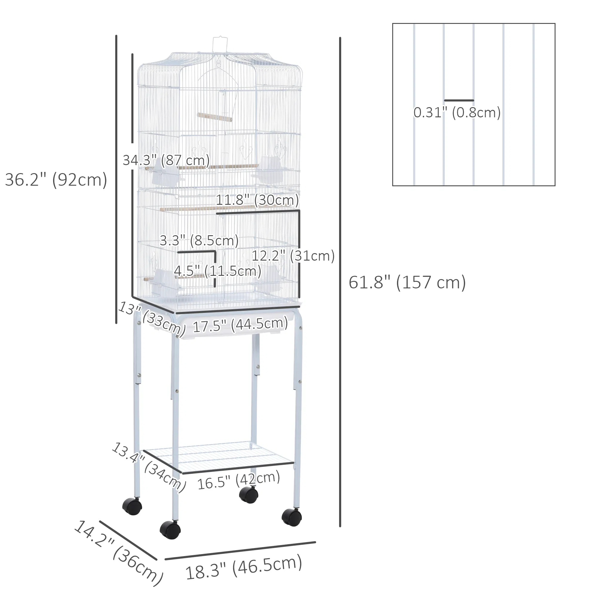 62" Rolling Bird Cage Cockatoo House Play Top Finch Pet Supply with Storage Shelf, Wheels - White photo 2