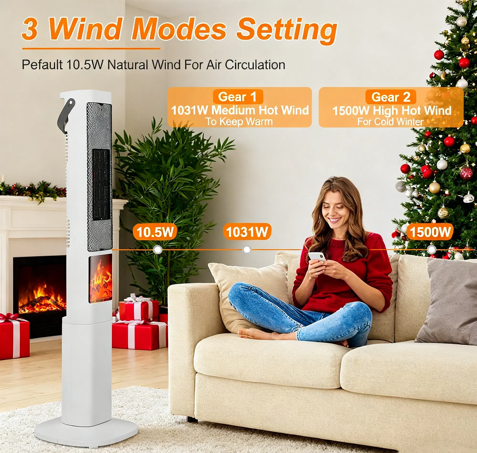 3-in-1 Quiet Space Heater - 120° Wide Coverage, 3D Fireplace Effect, Timer & Remote, Portable Indoor Heater with Multiple Protections photo 6