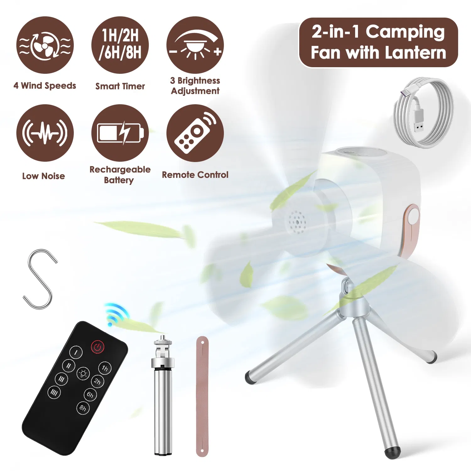 2 in 1 Rechargeable Camping Fan with Built-In LED Lantern Remote Control, 4 Wind Speeds 3 Light Brightness 1/2/6/8H Timer 7200mAh Battery Tripod Stand Hanging Hook Detachable Blades photo 1