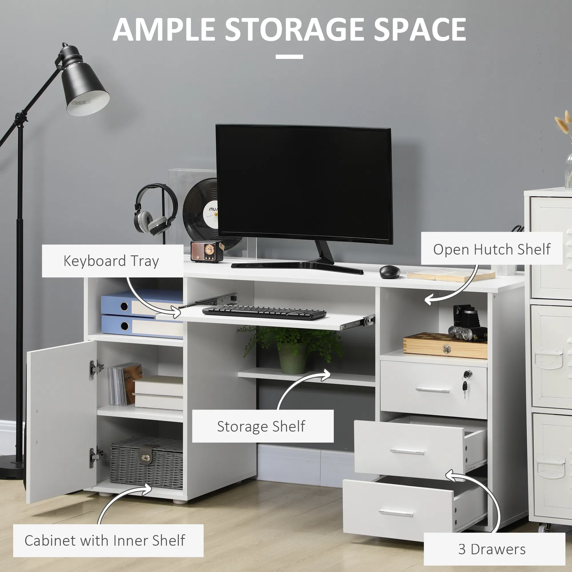 Computer Desk with Keyboard Tray and Drawers, Writing Desk, Home Office Workstation, White photo 3