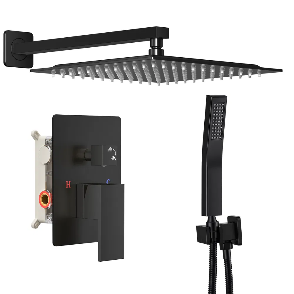 Wall-mounted shower faucet set - 10-12inch square overhead spray + handheld shower head with pressure balance and temperature control valve photo 8