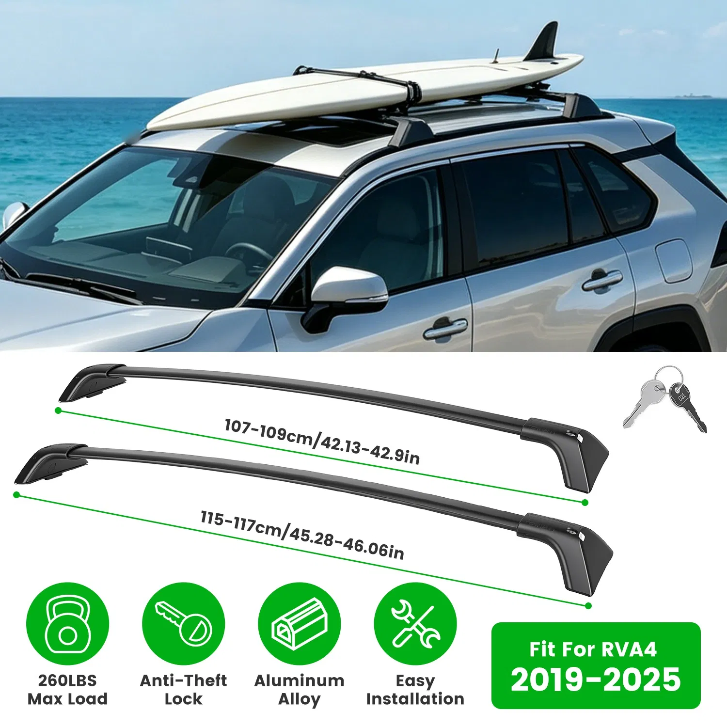 Roof Rack Cross Bars Fit for Toyota RAV4 2019-2025 Aluminum Roof Rails Cargo Crossbars for Flush Side Rails Heavy Duty Rooftop Carrier Anti-Theft Lock for Kayak Bike Luggage 260lbs Capacity photo 4