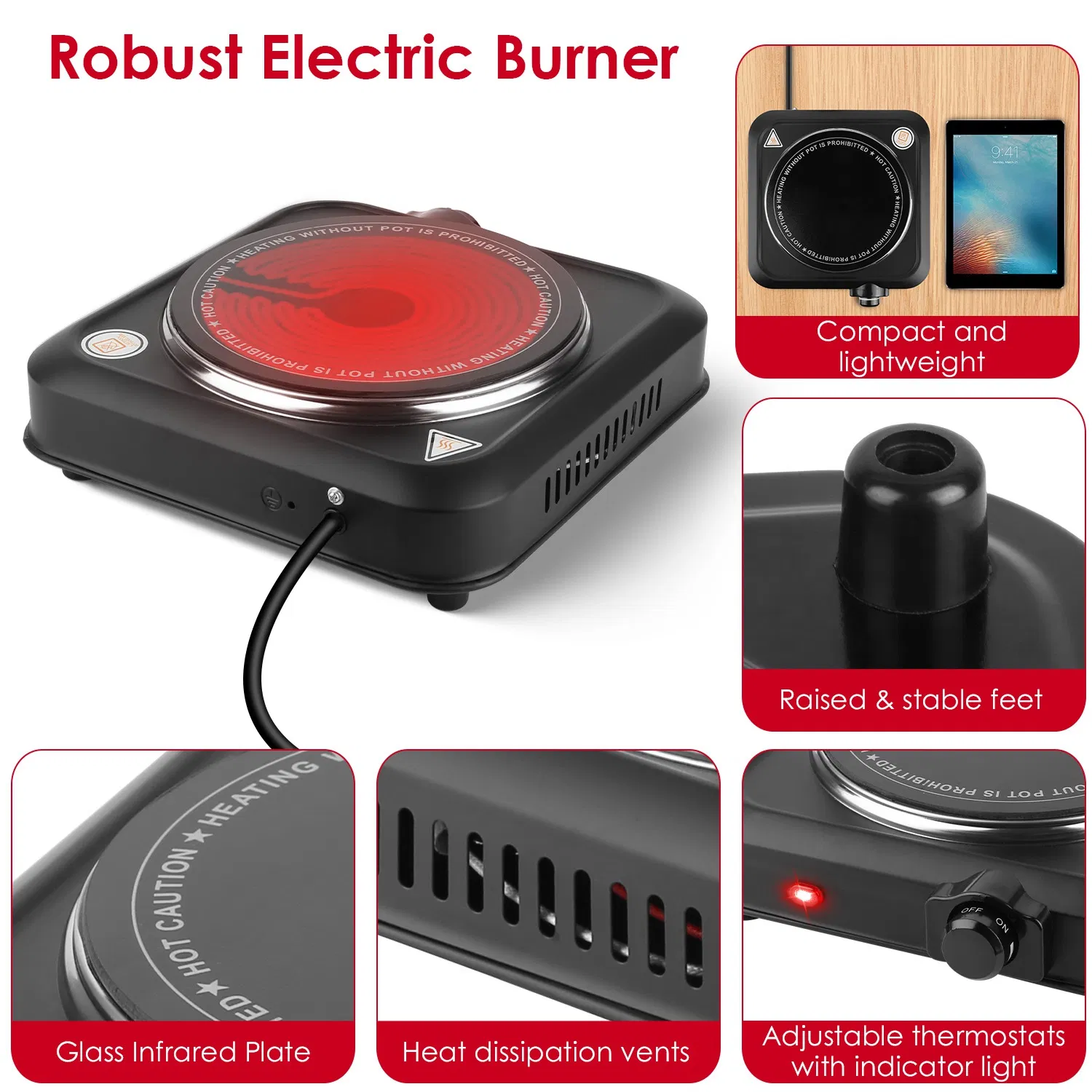 1200W Electric Infrared Single Burner Portable Heating Hot Plate Stove Countertop RV Hotplate with 7.5' Glass Cooktop Stepless Temperature Adjustments for Home RV Camp photo 2