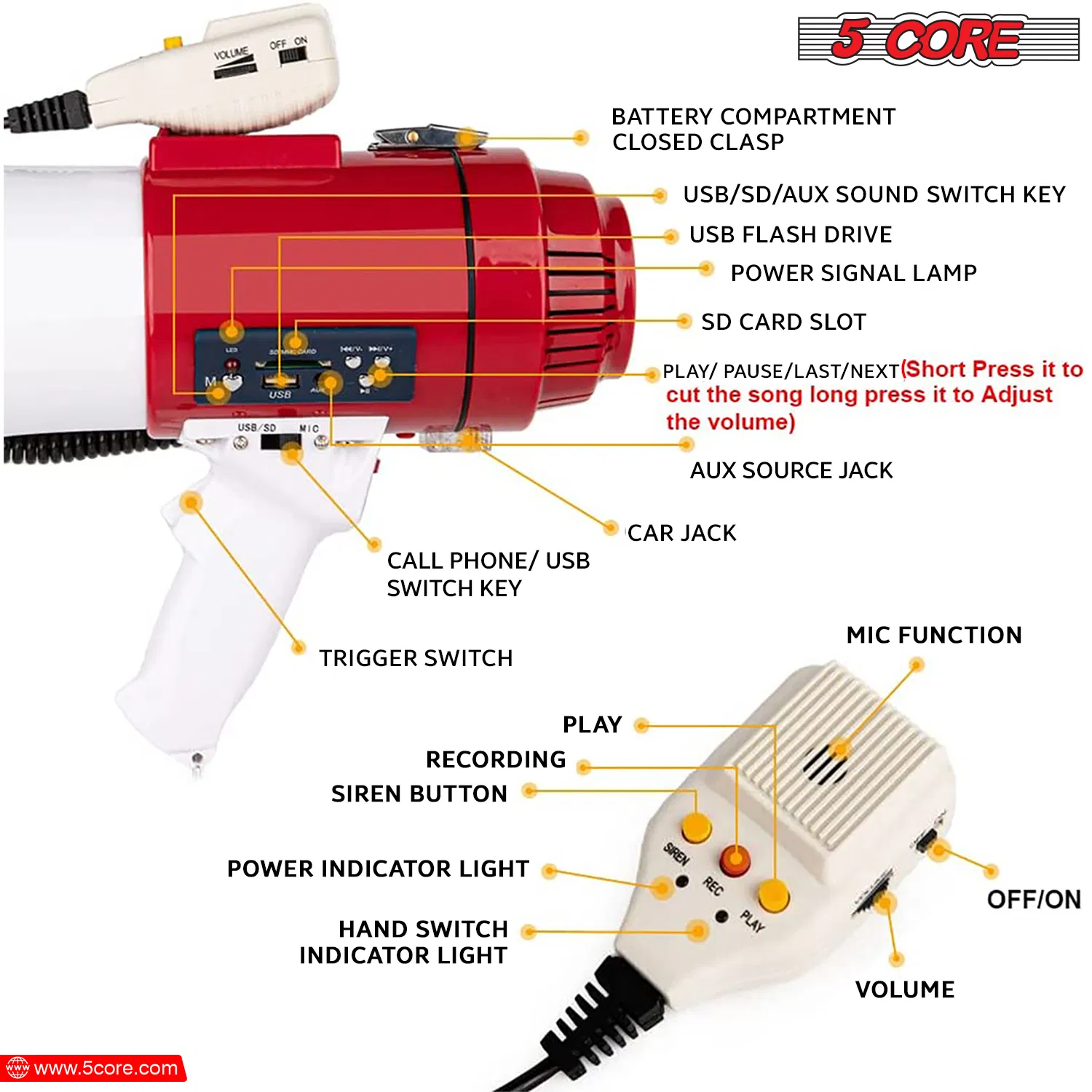 5 Core Megaphone 60W Bull Horn Professional PA Speaker w 1200 Yards Range Loud Siren Voice Amp photo 4