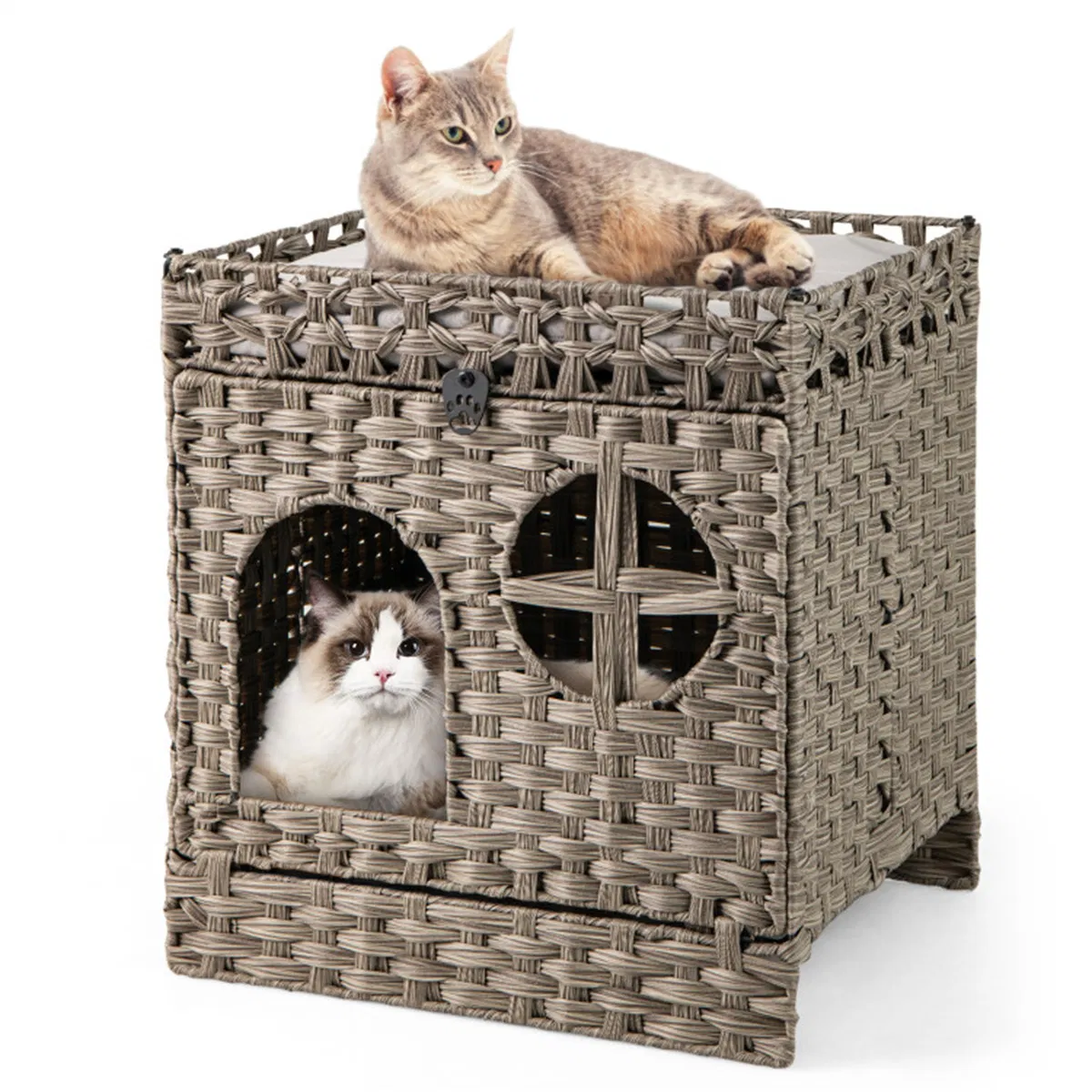 2-Tier Wicker Cat Condo with Litter Mat - Hidden Litter Box Enclosure, Detachable Washable Cushion, Gray Rattan photo 8