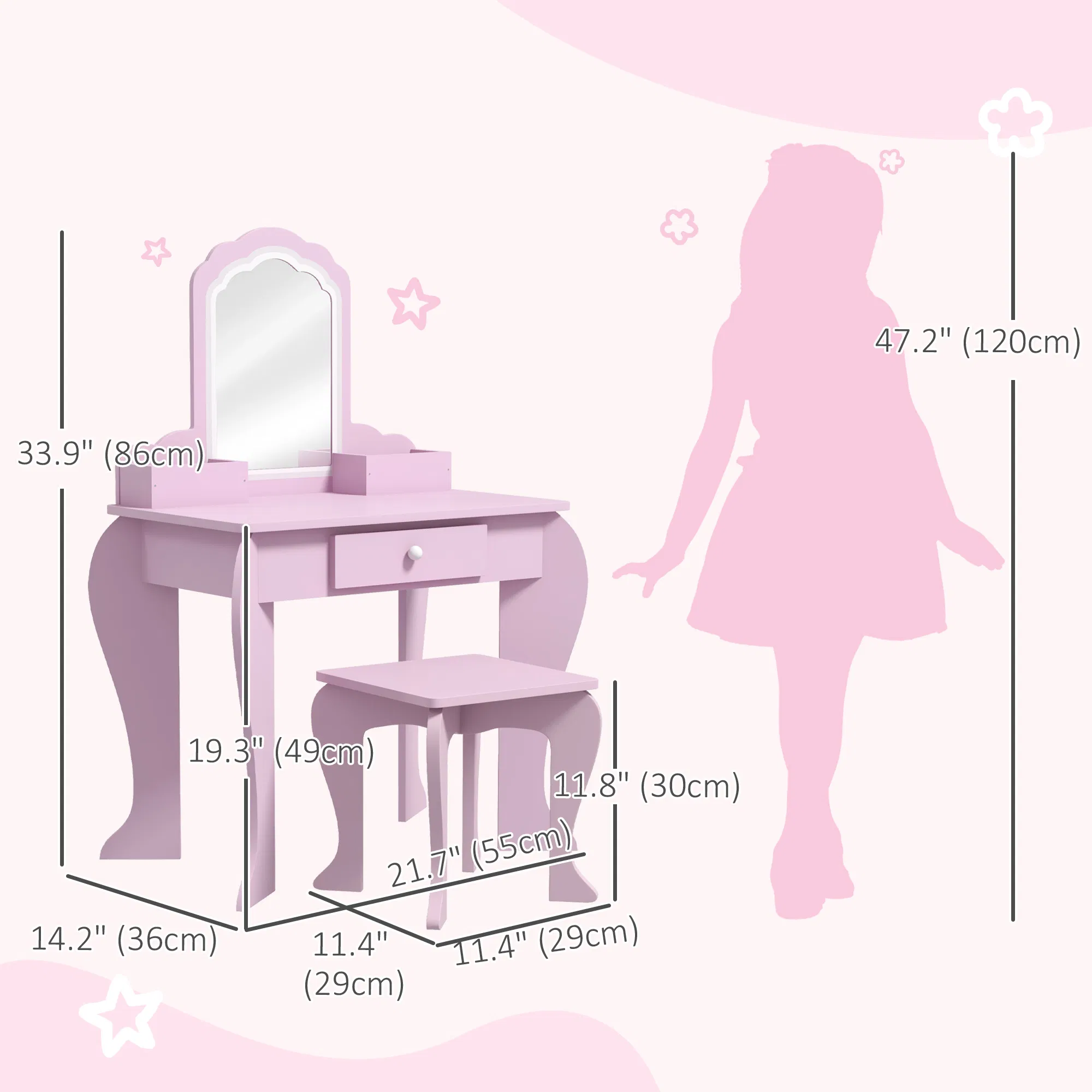 Makeup Vanity with Mirror and Stool, Cloud Design, Drawer, Storage Boxes, for 3-6 Years Old, Pink photo 2