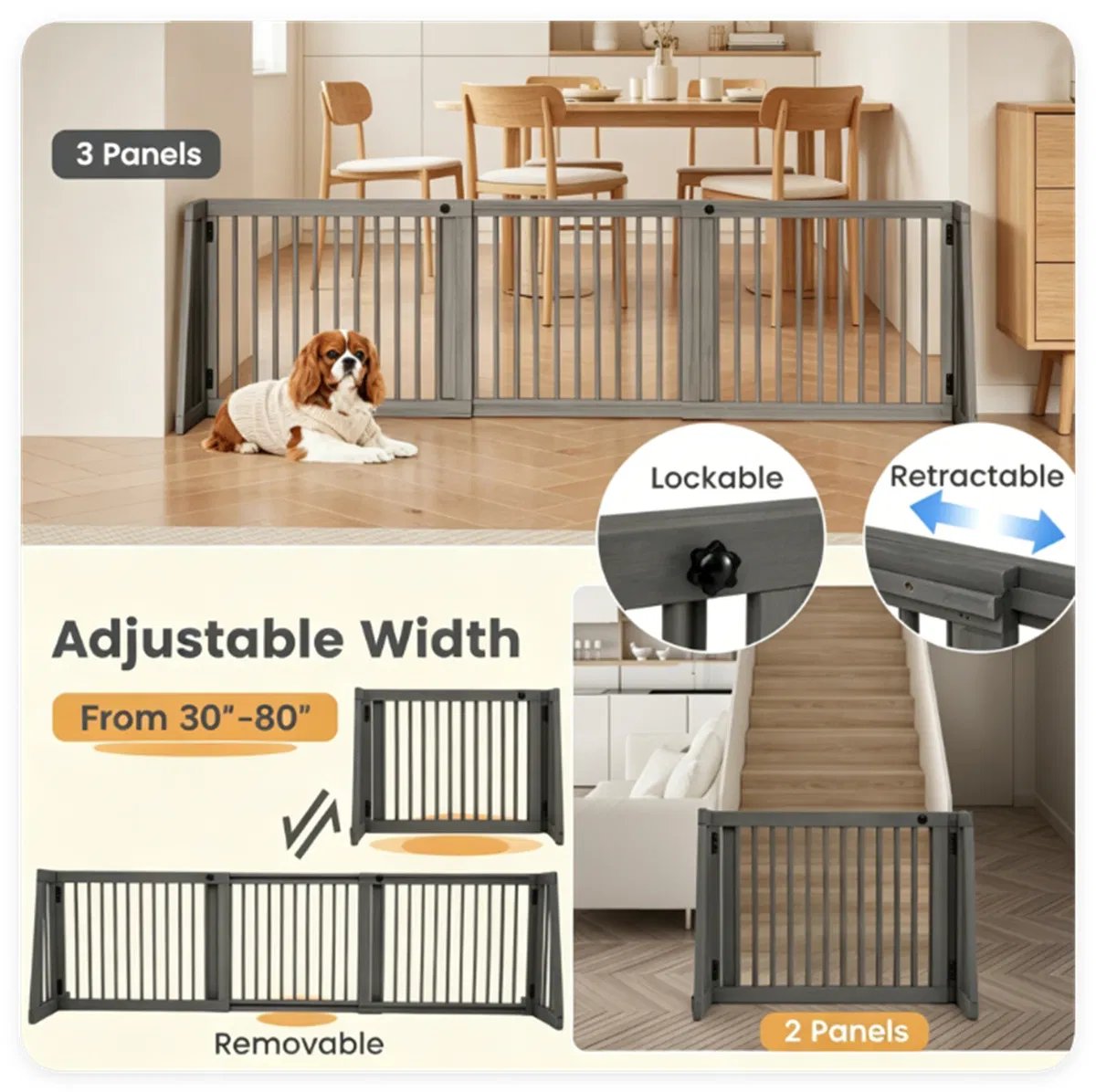 Adjustable Expandable Wooden Pet Gate 22 Inch Tall Freestanding Safety Fence, Gray Pine Wood Slide Dog Gate Easy Assembly for Home & Office Entryways photo 7