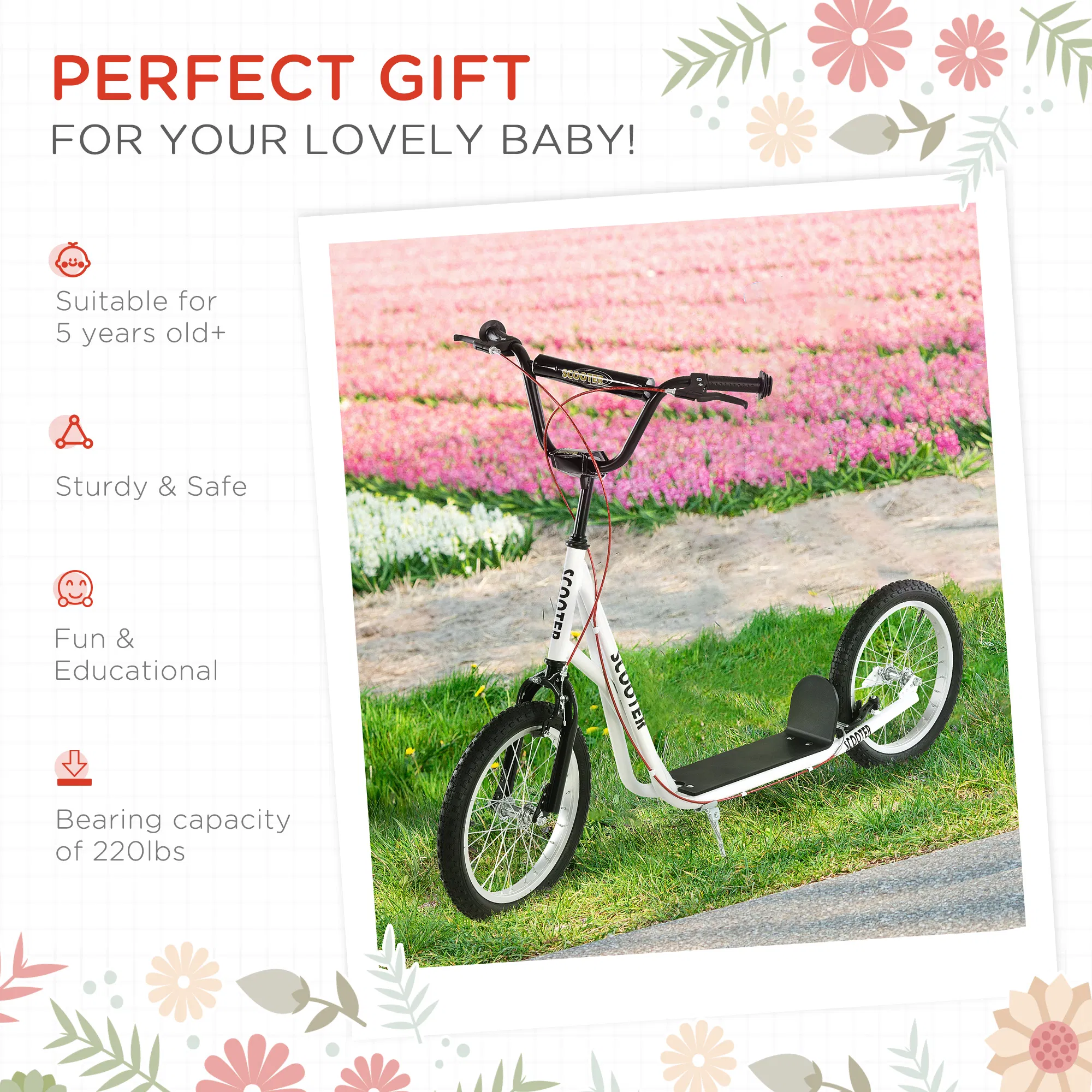 Kids Kick Scooter for 5+ Year Old, Kids Ride on Toy w/ 16'' Inflatable Wheel Dual Brakes, White photo 5