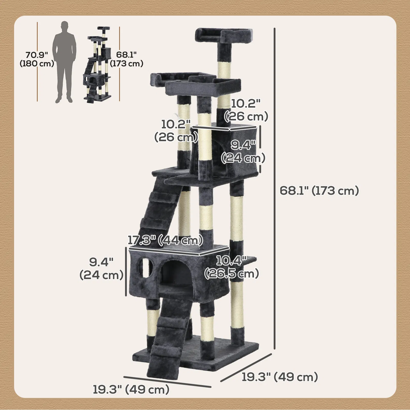 68-inch Multi-Level Cat Scratching Tree Kitty Activity Center Post Tower Condo Pet Furniture w/ Toy Charcoal Grey photo 2