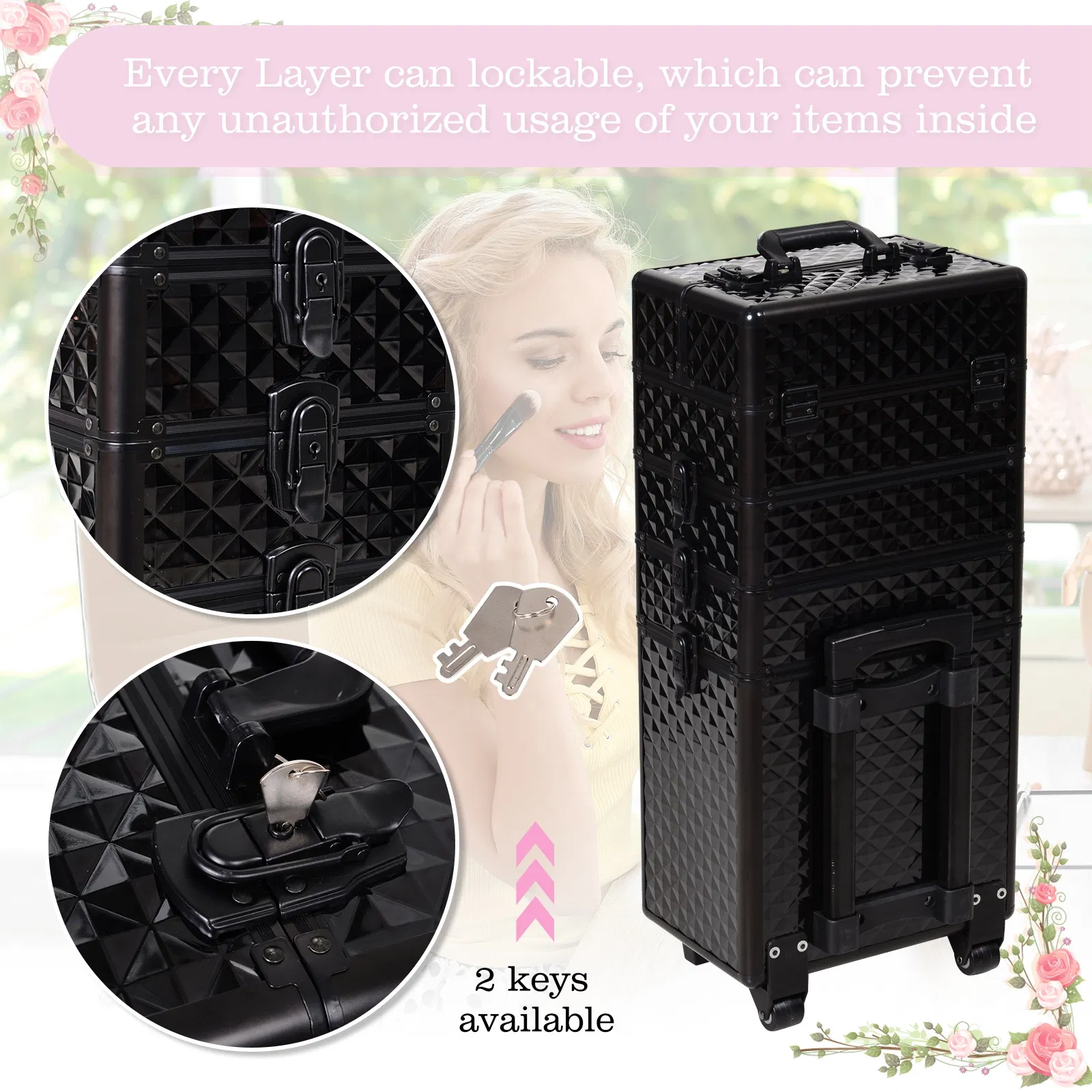 4 in 1 Makeup Train Case Portable Aluminum Rolling Cosmetic Organizer Trolley with Wheels Multiple Compartments Black photo 4