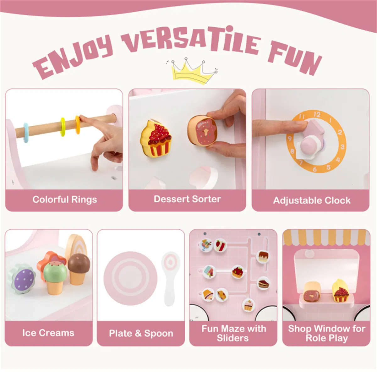 2-in-1 Baby Walker with 8 Fun Activities (Dessert Sorter/Adjustable Clock/Maze) + Side Shop Window (Role Play)-Pink photo 3