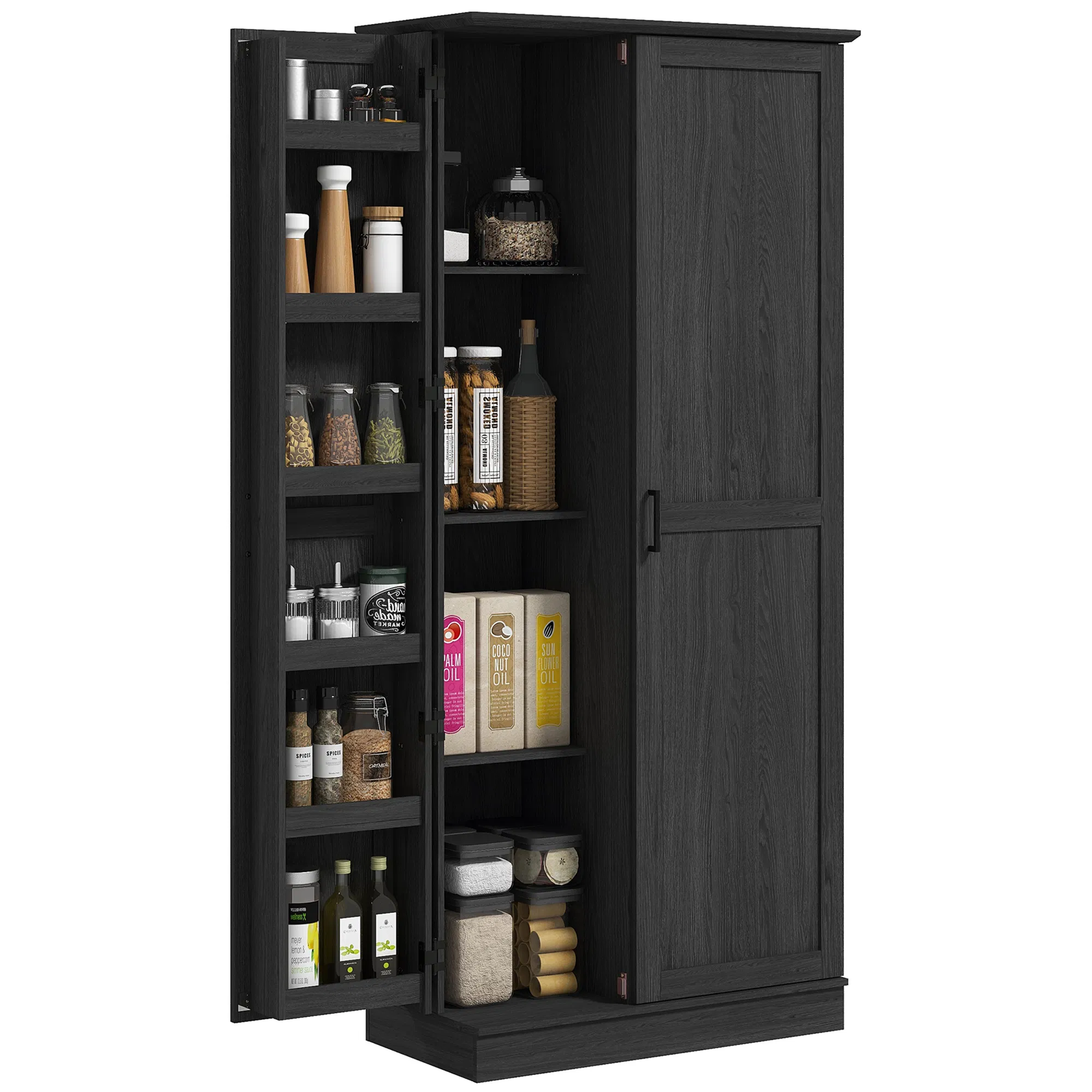 70" Tall Kitchen Pantry Cabinet with Door Shelves and Adjustable Shelves, Black Wood Grain photo 1