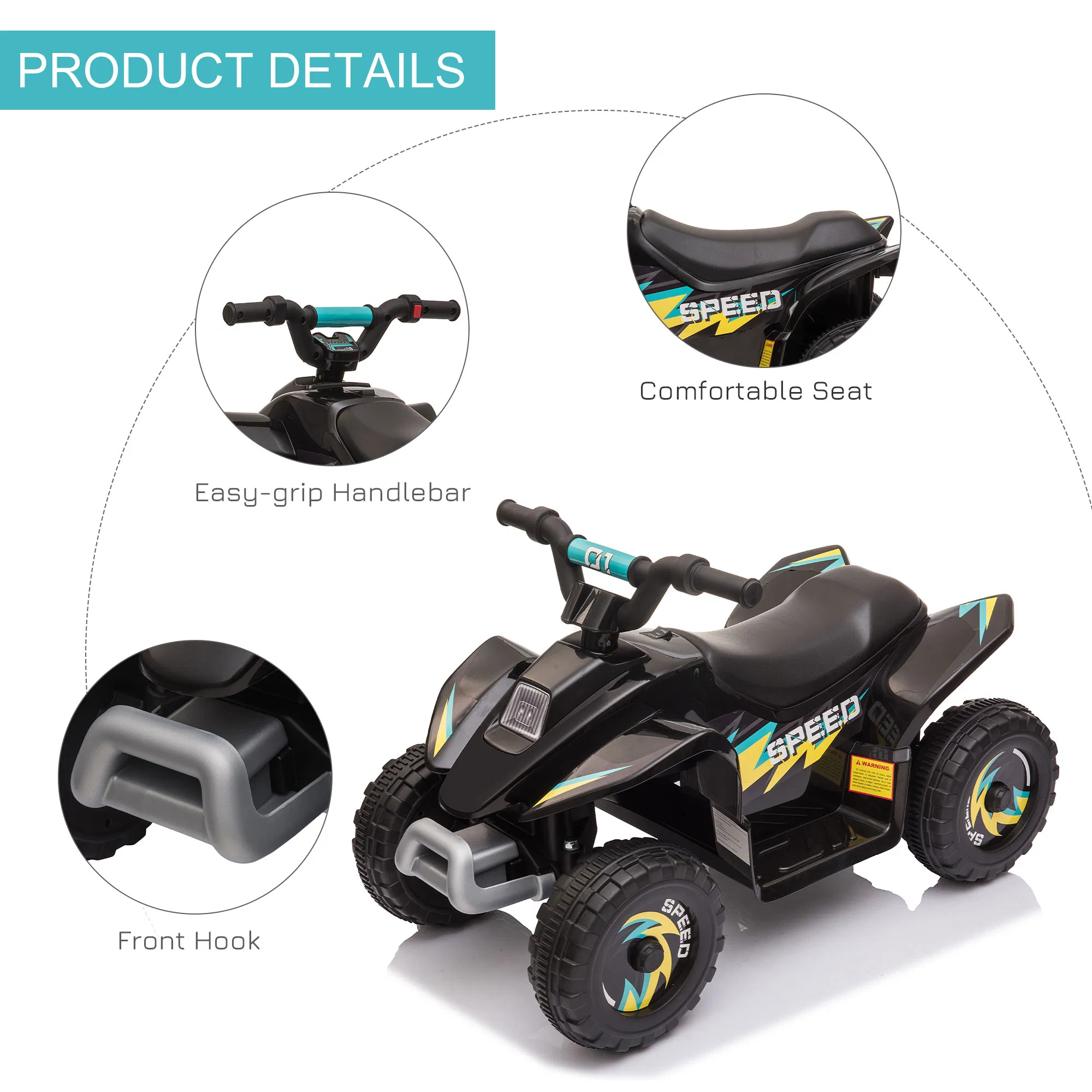 Kids Ride on ATV, 6V Battery Powered Quad Car with Forward, Reverse Switch, for Boys Girls 18-36 Months, Black photo 6