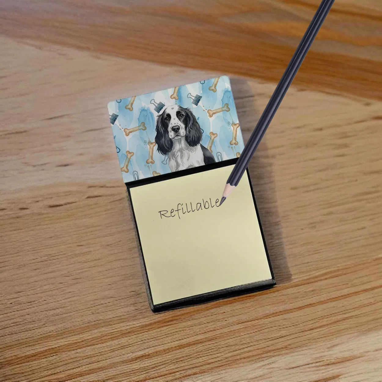 Black and White English Springer Spaniel Coworker Watercolor Sticky Note Holder Refillable Dispenser Desk Accessory 3x3 Pad Gift photo 2