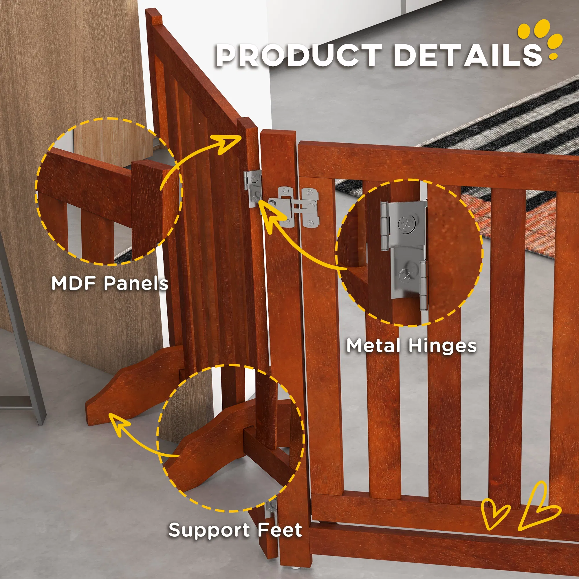 Foldable Dog Gate with Door, 4 Panels Fressstanding Pet Gate, Brown photo 2