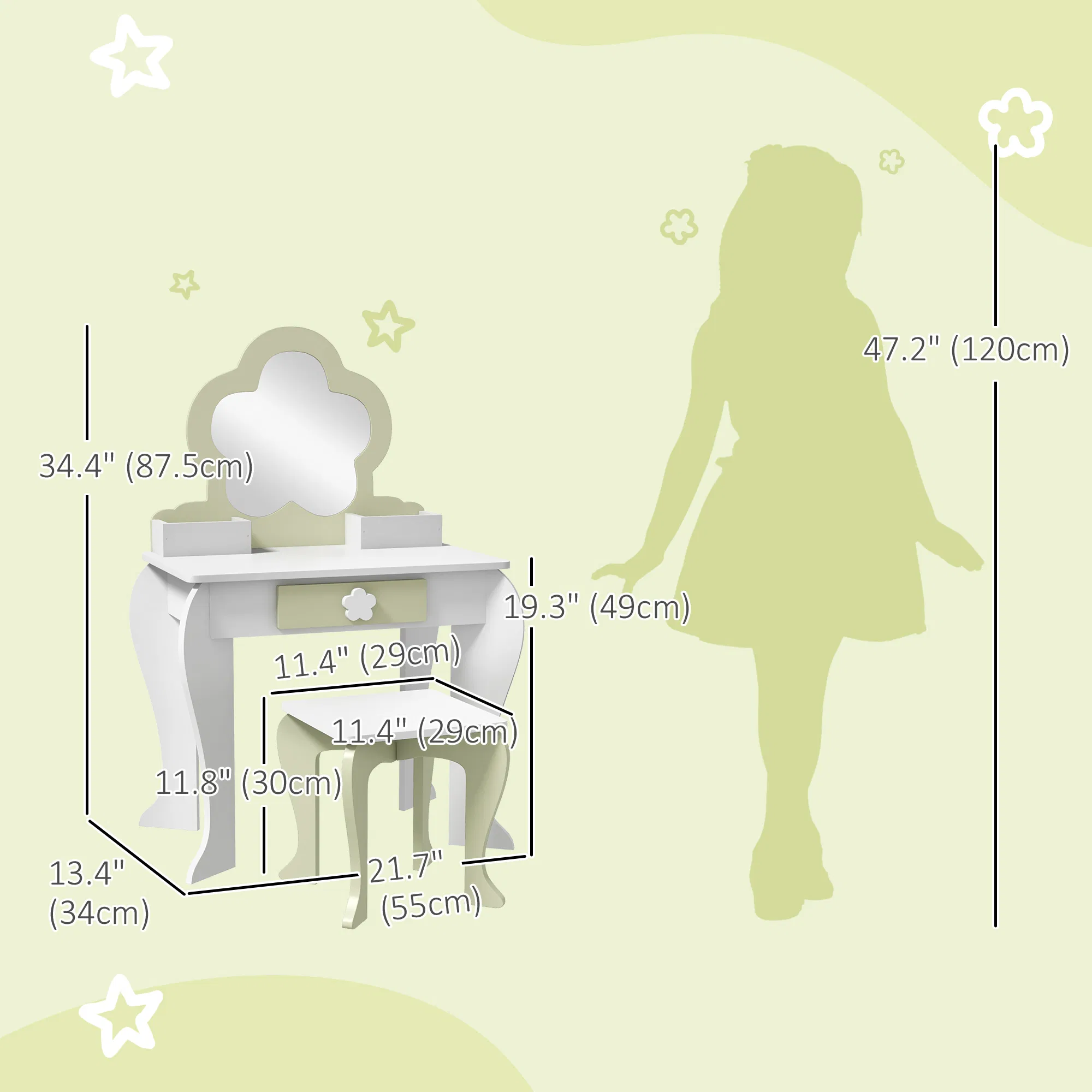 Kids Makeup Vanity Set with Stool, Mirror, Drawer, Storage Boxes, White photo 5