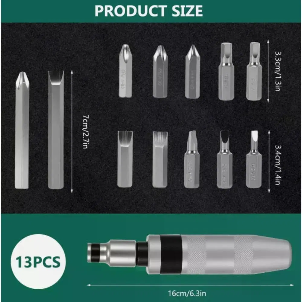 13Pcs Impact Screwdriver Set S2 Alloy Steel Bit Kit Reversible R/L Torque Driver Anti Slip Knurled Handle Rust Stripped Seized Screw Remover with Phillips Slotted Hex Bits Green Metal photo 5