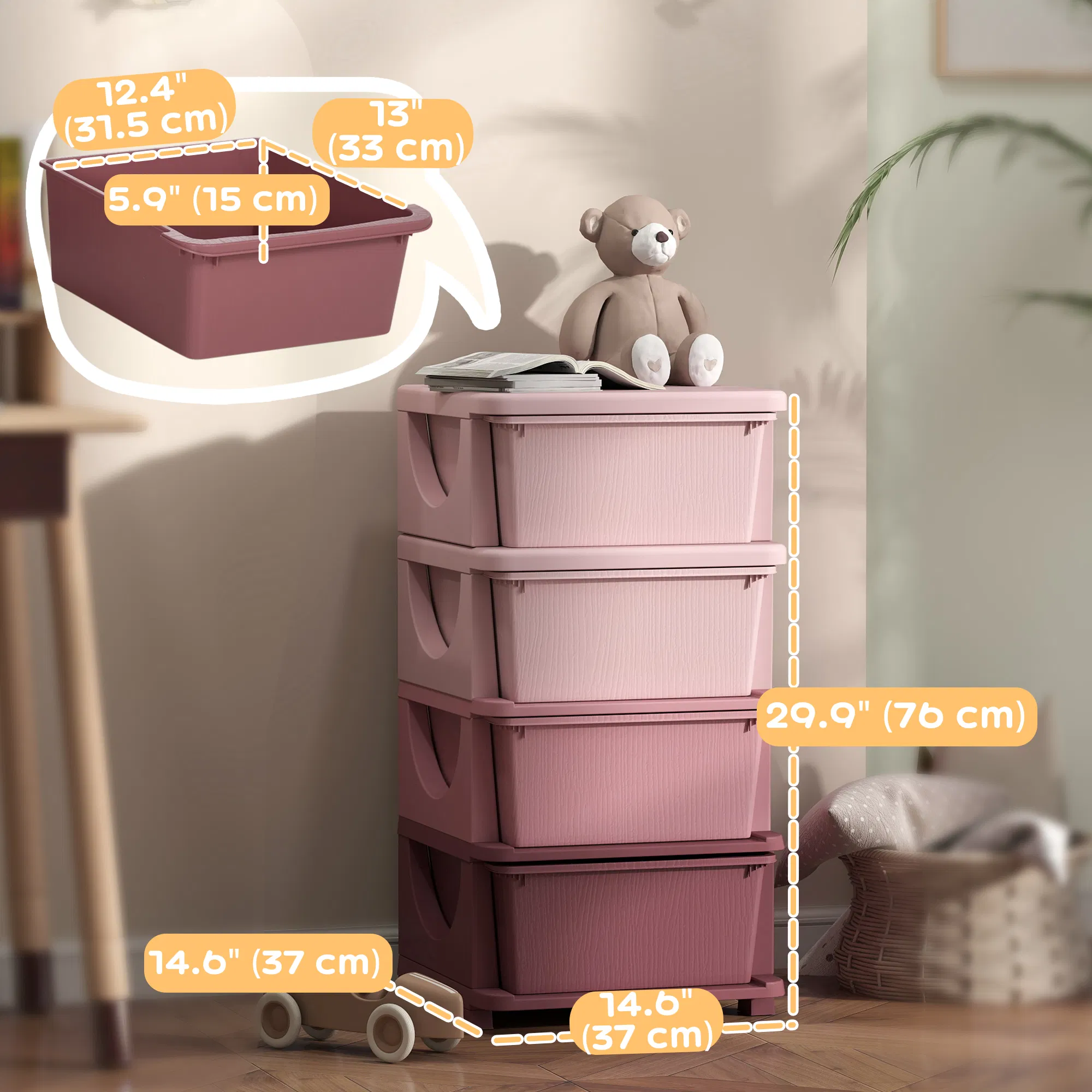 4 Tier Kids Toy Organizer and Storage Bins with 4 Plastic Drawers, Pink photo 5