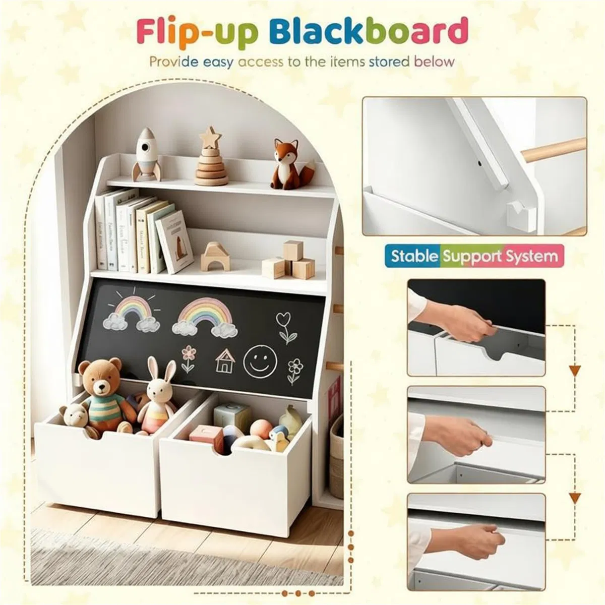 Kids Toy Storage Organizer with Flip Chalkboard, Rolling Drawers & Hanging Rods, Rounded Edge Toddler Bookshelf Engineered Wood Playroom Cabinet for Children 3+ Years Old photo 3