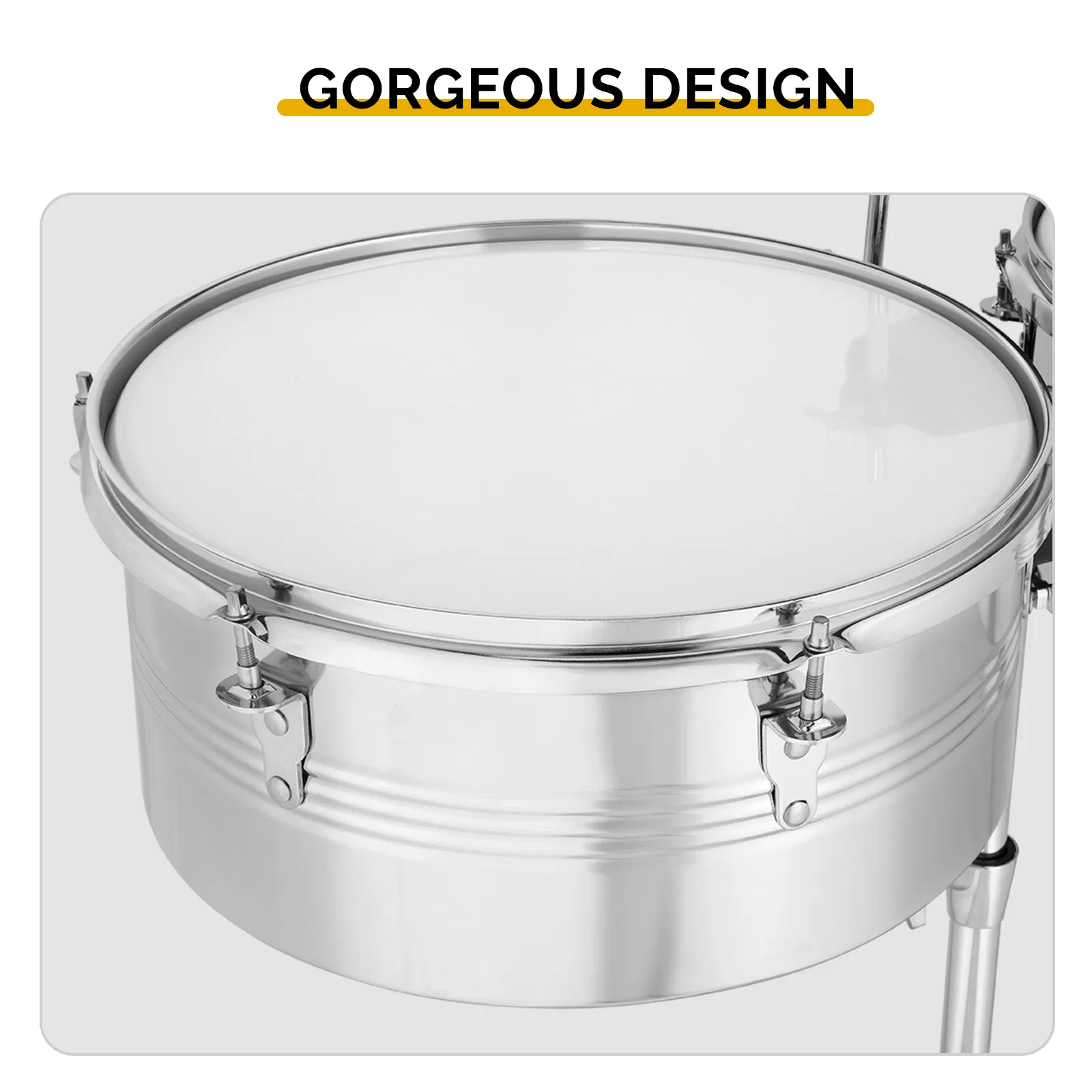 Percussion 13" & 14" Timbales Drum Set with Stand and Cowbell Silver photo 3