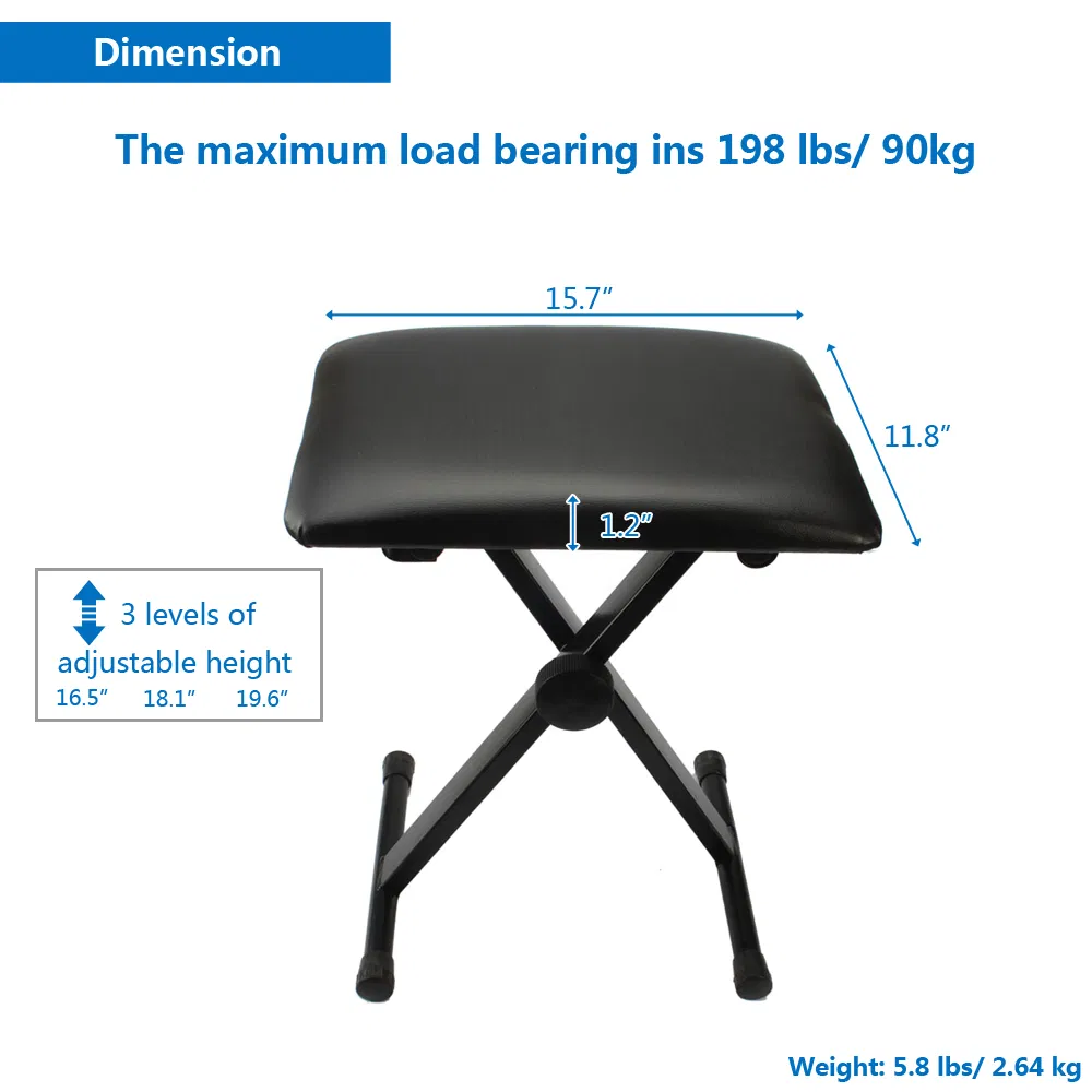 Dual-tube X-Shape Keyboard Stand + Adjustable Folding Piano Bench Stool Seat Black photo 3