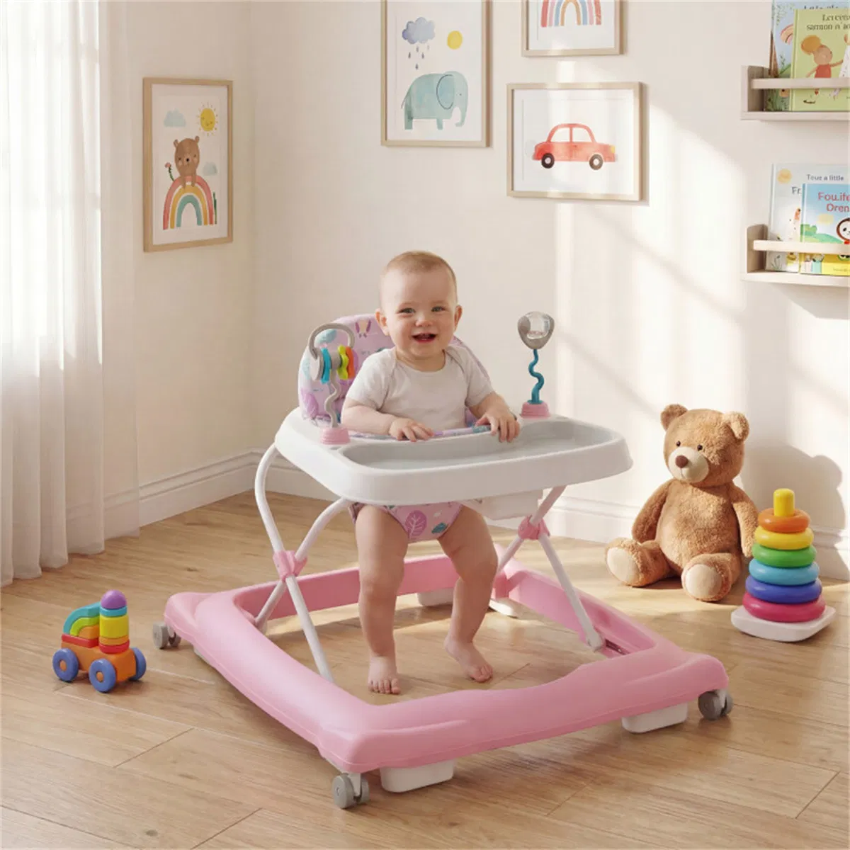 Pink Foldable Baby Walker with Detachable Tray & Shape Sorter Toys, 3-Level Height Adjustable for 6-12 Months photo 5