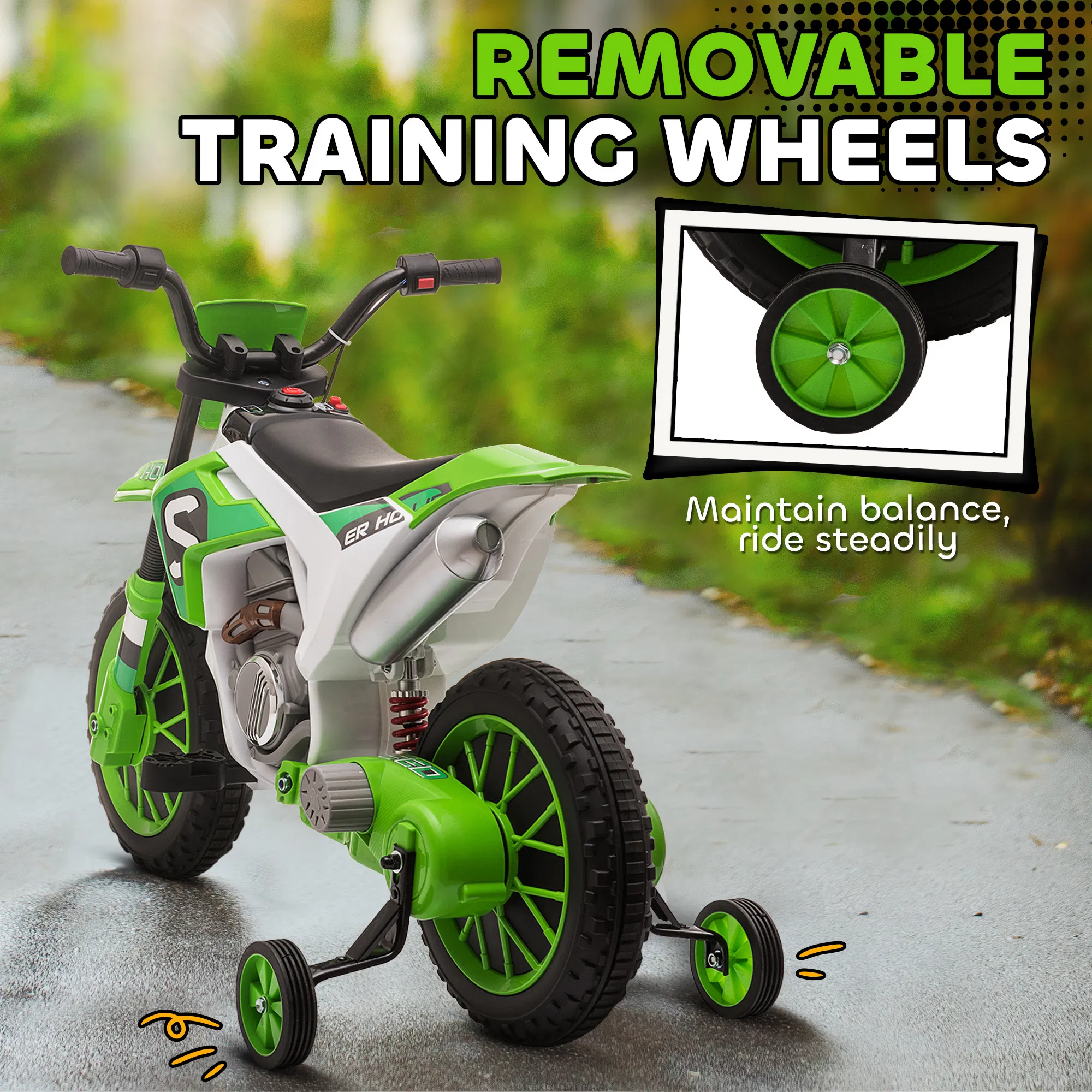 Kids Dirt Bike Battery-Powered Ride-On Electric Motorcycle with Charging 12V Battery, Training Wheels Green photo 5