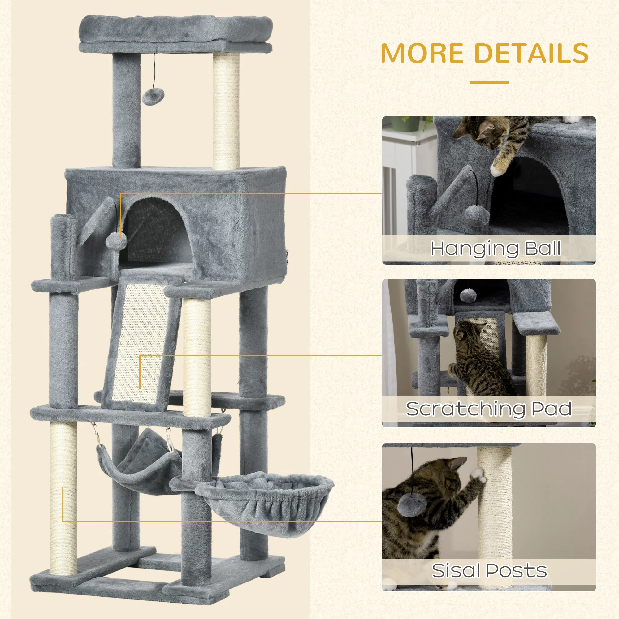 55" Cat Tree for Indoor Cats, Cat Tower, Kitty Activity Center with Cat Bed Ramp Condo Hammocks Hanging Ball Toys Sisal Rope Scratching Post, Grey photo 2