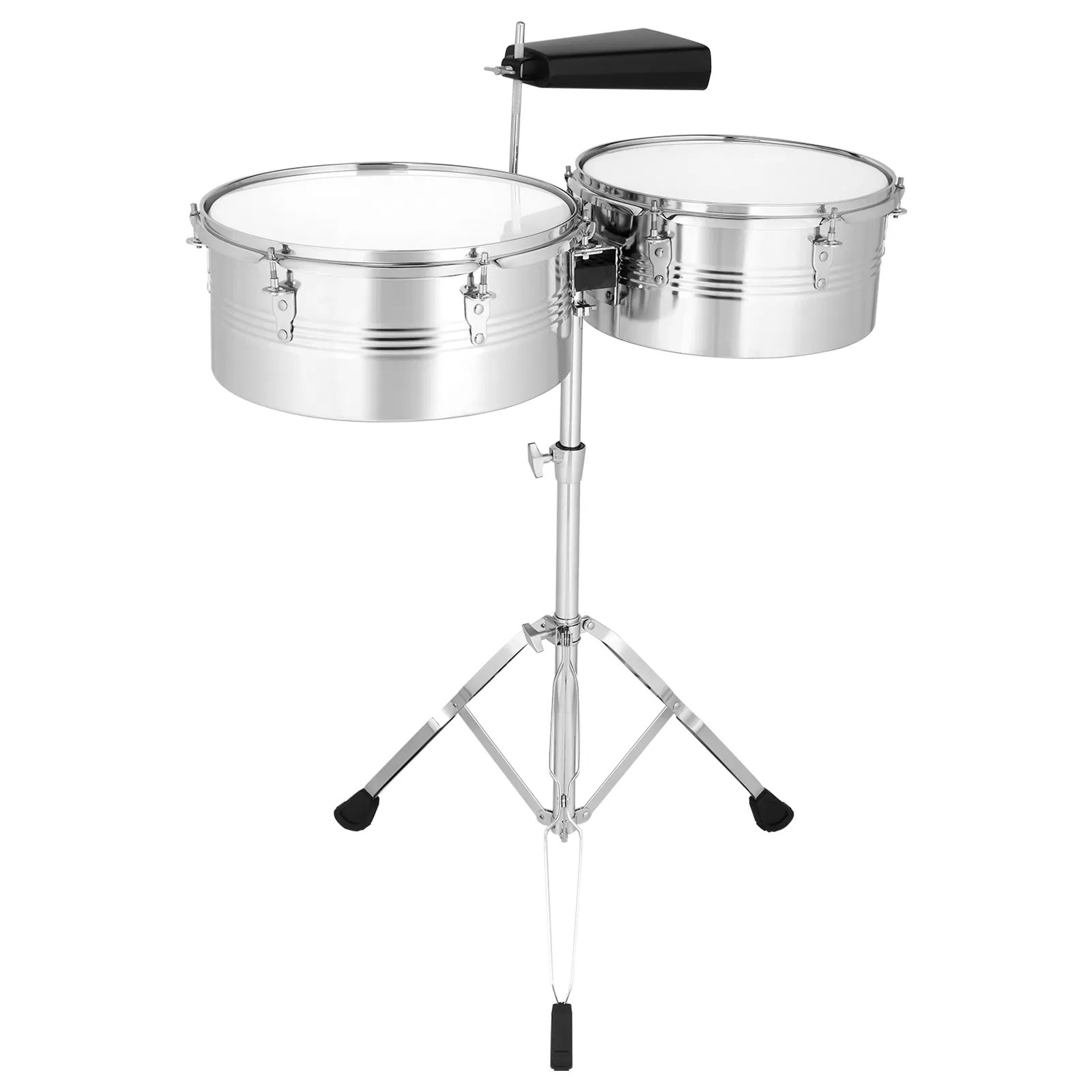 Percussion 13" & 14" Timbales Drum Set with Stand and Cowbell Silver photo 1