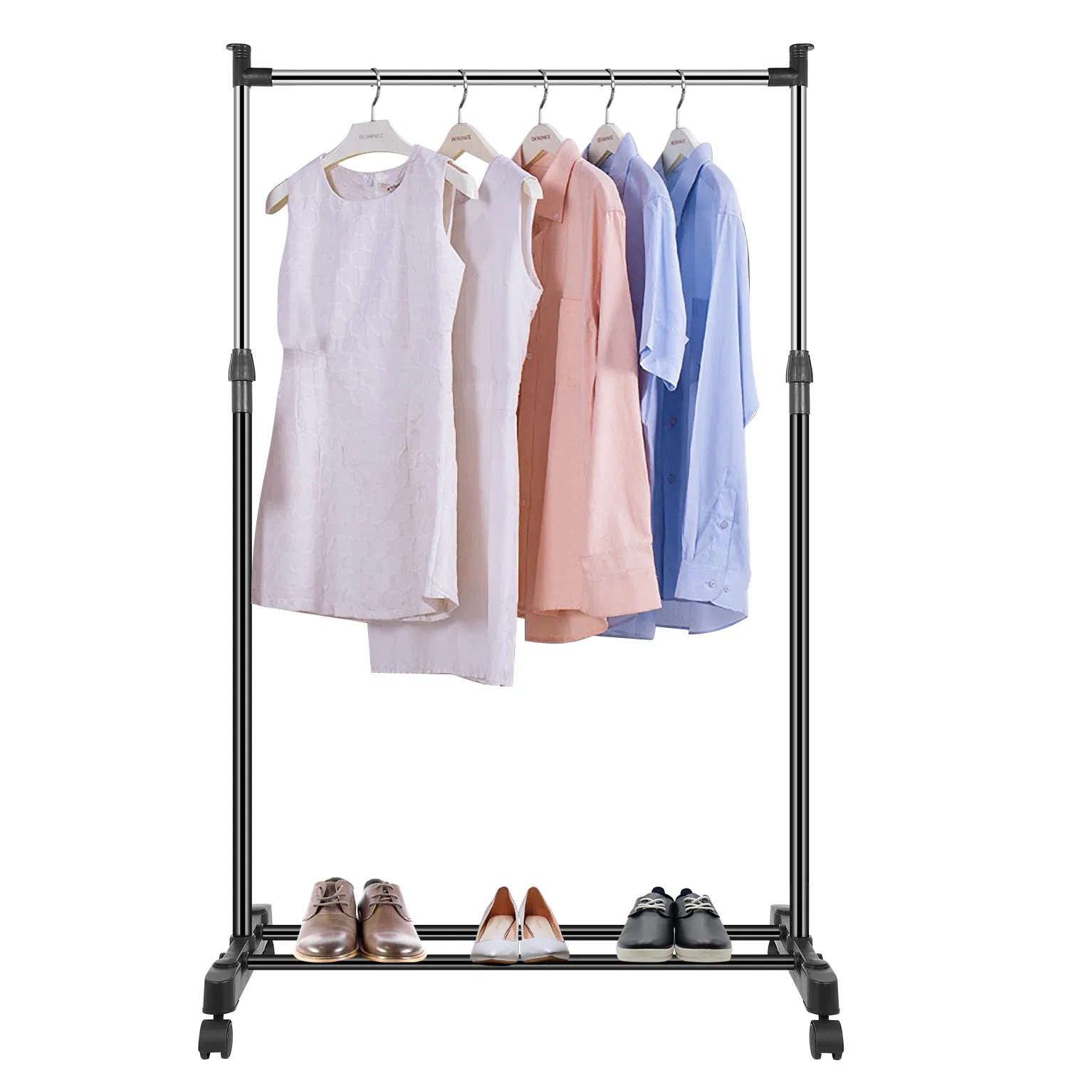 15kg/33lbs Garment Racks 3.12ft-4.80ft Height Adjustable Clothes Stand Foldable Clothes Hanger w/ Wheels Storage Shelf For Dormitory Home photo 4