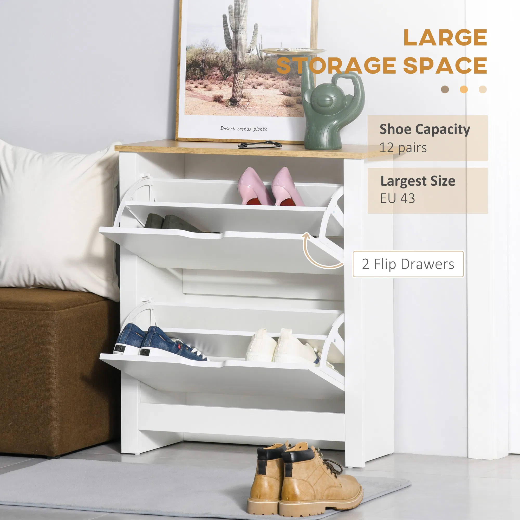 Shoe Storage Cabinet with 2 Flip Drawers and Adjustable Shelves for 6-12 Pairs of Shoes, White photo 4
