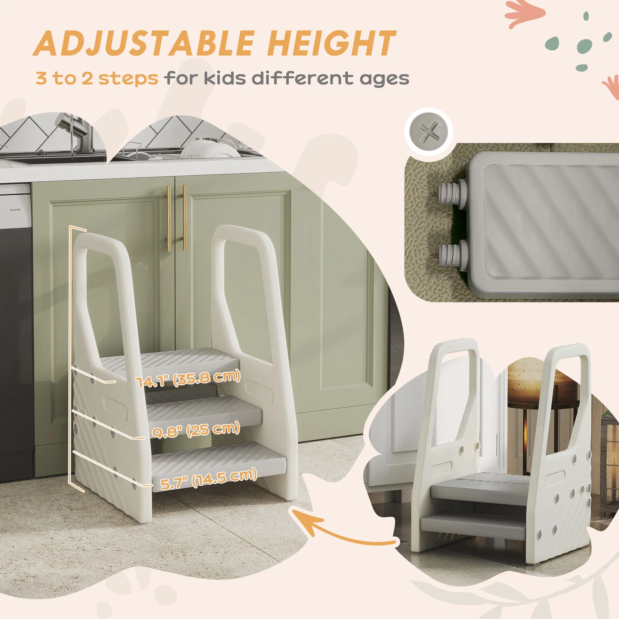 Adjustable Height Toddler Step Stool with Handle & Foot Pads, Grey photo 5