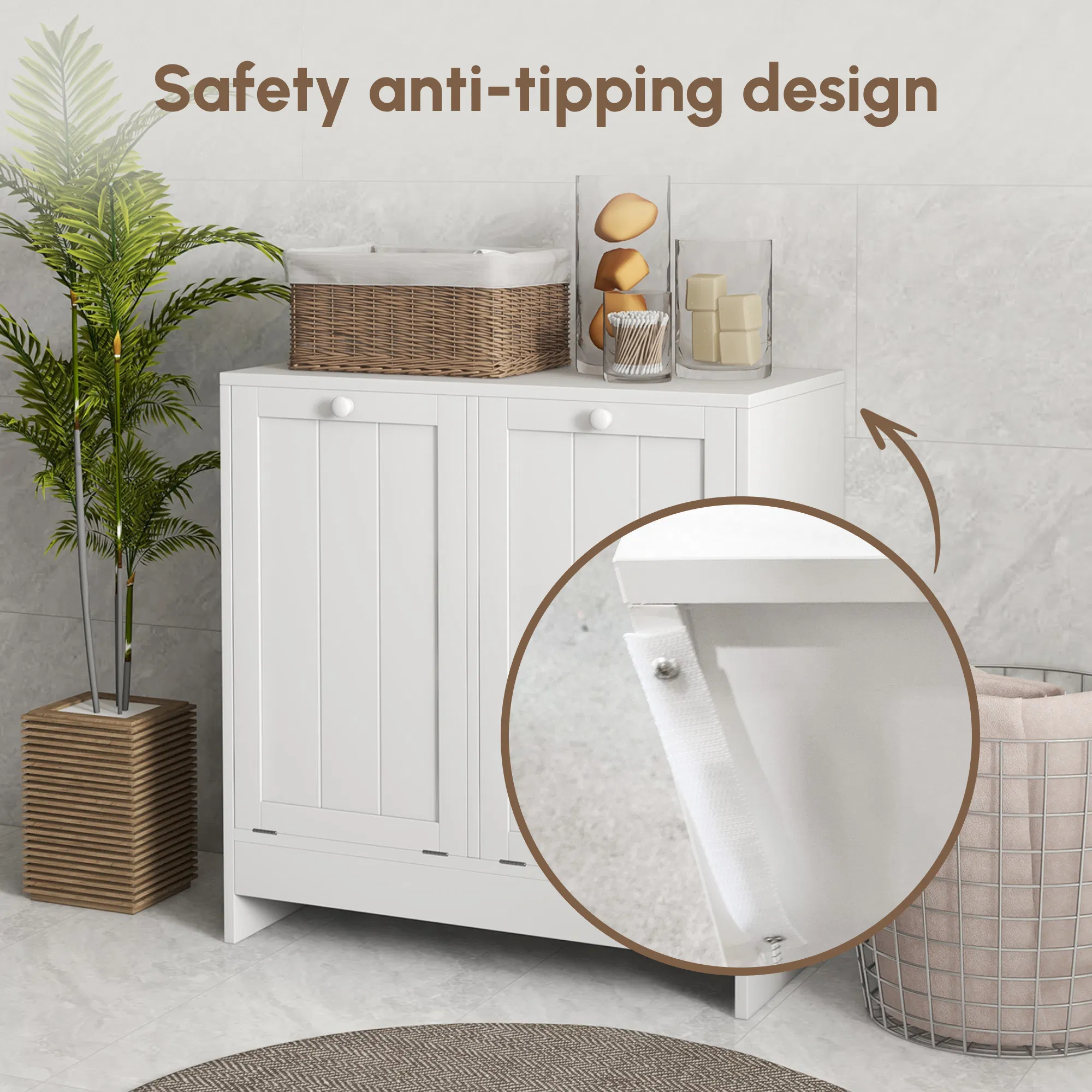 Tilt-Out Laundry Storage Cabinet, Modern Laundry Hamper with 2 Compartments for Bathroom Washroom, White photo 2