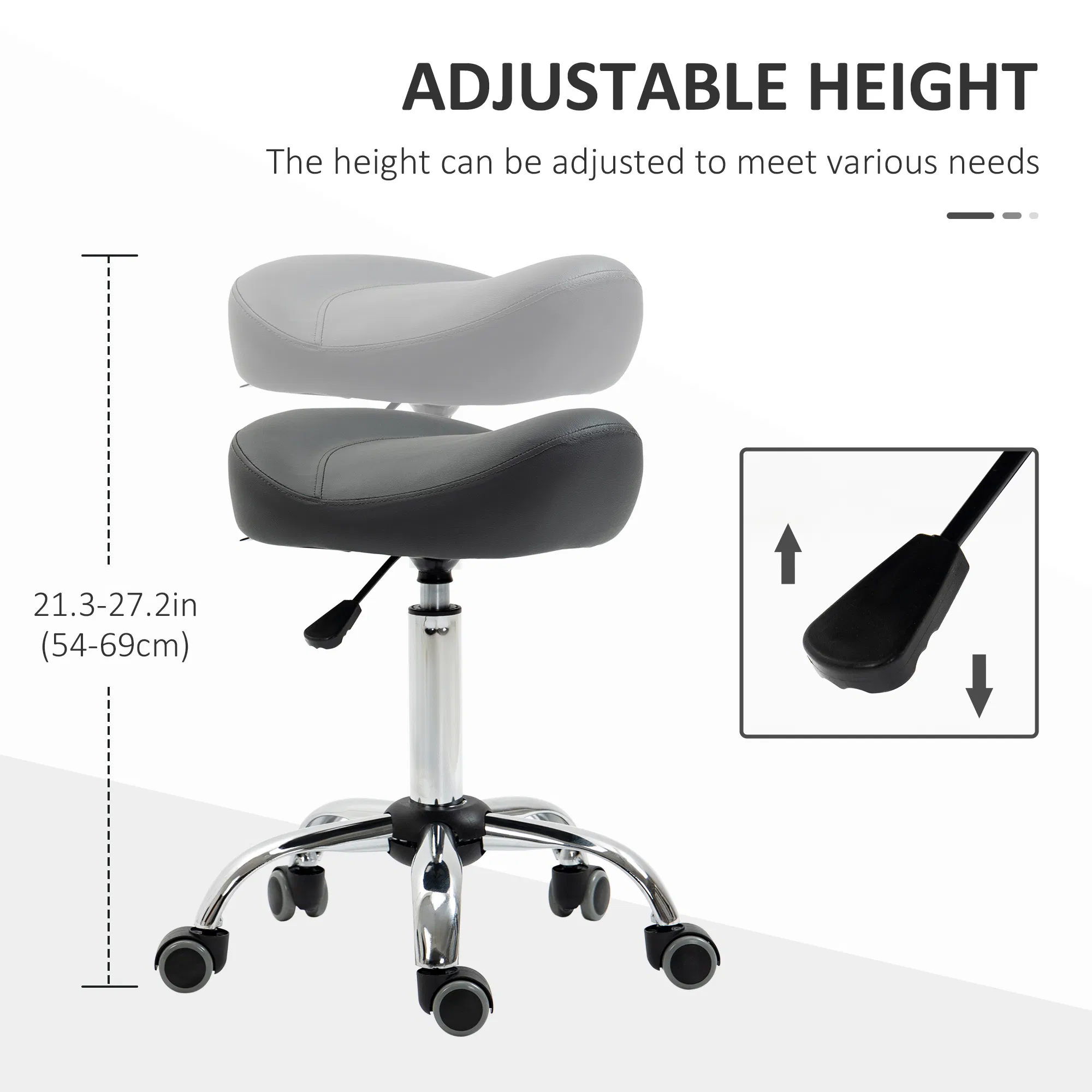 Saddle Stool, Height Adjustable Rolling Salon Chair with PU Leather for Massage, Spa, Clinic, Beauty and Tattoo, Grey photo 2