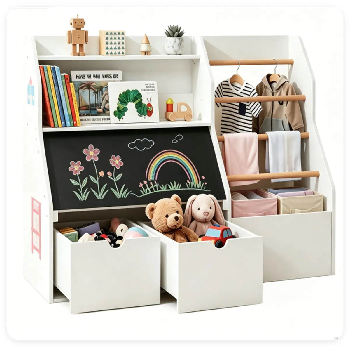 Kids Toy Storage Organizer with Flip Chalkboard, Rolling Drawers & Hanging Rods, Rounded Edge Toddler Bookshelf Engineered Wood Playroom Cabinet for Children 3+ Years Old photo 8