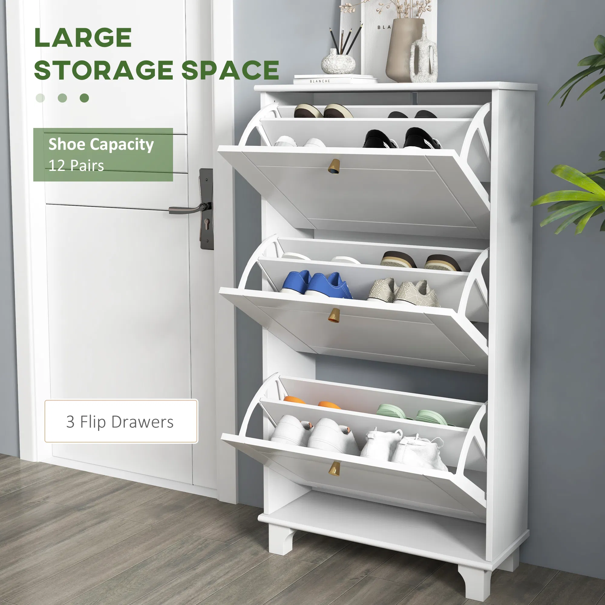 Narrow Shoe Storage with 3 Flip Drawers and Adjustable Shelves, Shoe Cabinet Organizer for 12 Pairs of Shoes, White photo 2