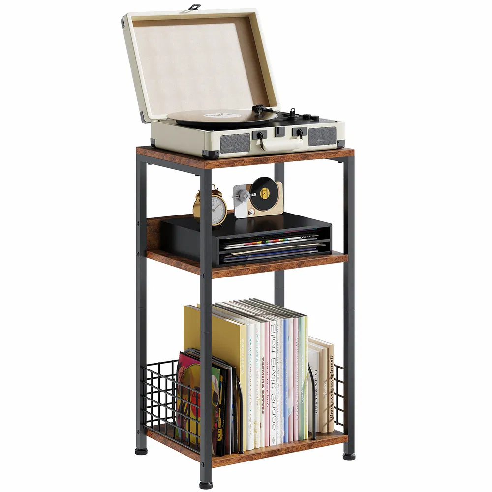 3-Tier Turntable Stand with Vinyl Storage for 100 Albums, Combined CD & DVD Racks, End Side Table for Living Room photo 8