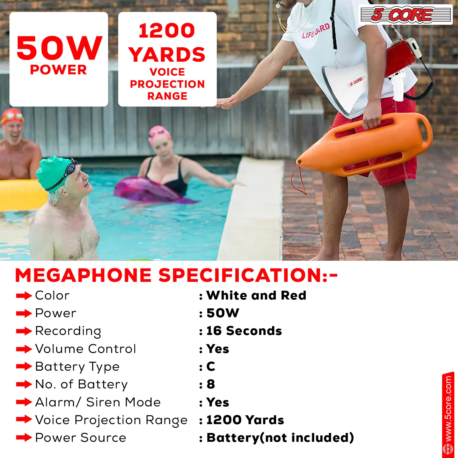 5 Core Megaphone 50W Bull Horn Professional PA Speaker w 1200 Yards Range Loud Siren Voice Amp photo 3