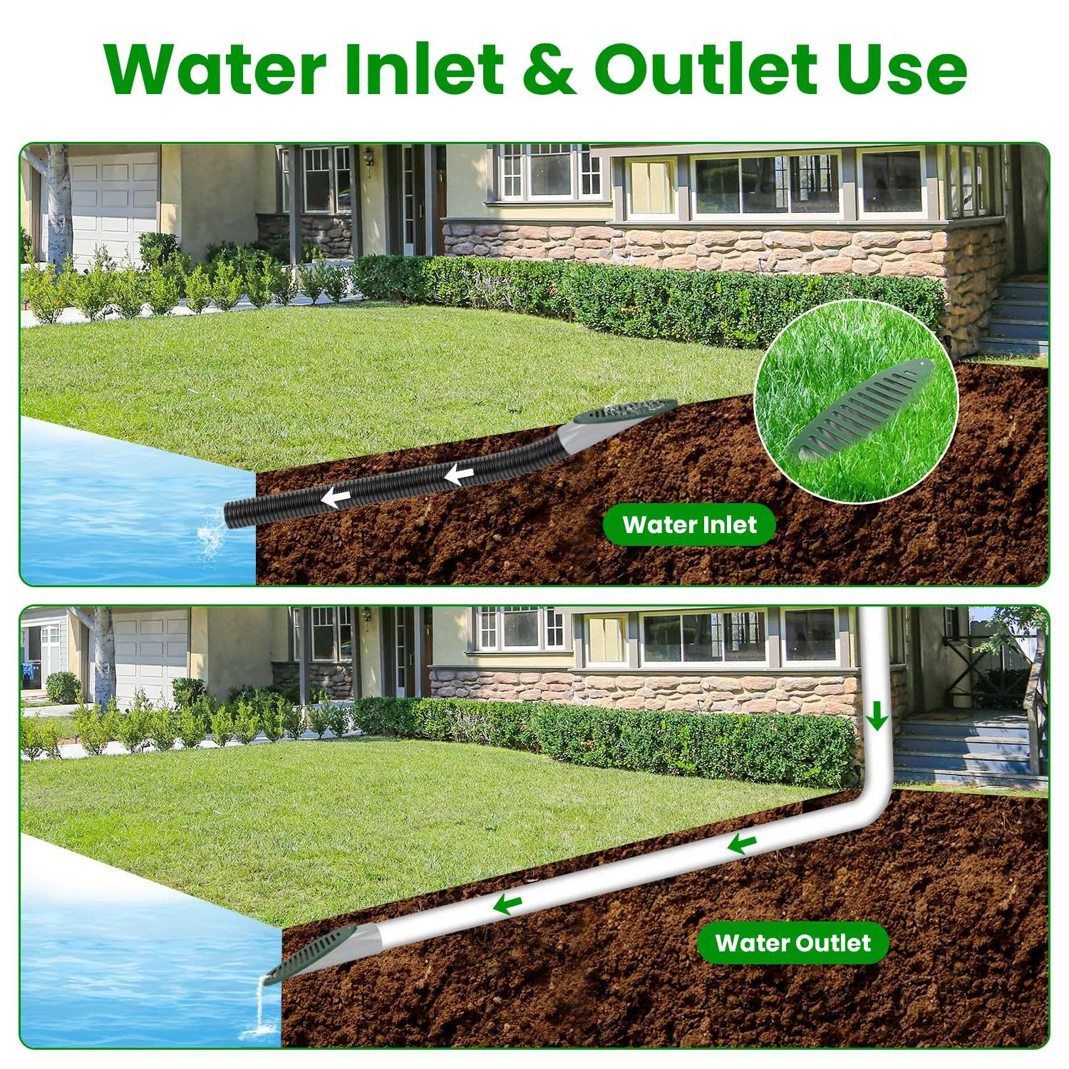 4Inch Green Angled Yard Drainage Pipe With Sloped Grate Yard Drain Emitter For Sump Pump Discharge Downspout Extensions Inlet Outlet Yard Drain Compatible With 4' Connections photo 5