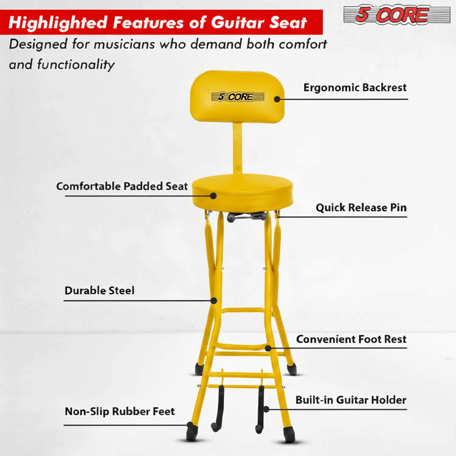 5Core Guitar Stool 3.15" Padded Chair w Backrest Foldable Music Seat Built in Foot Rest Guitar Stand photo 6