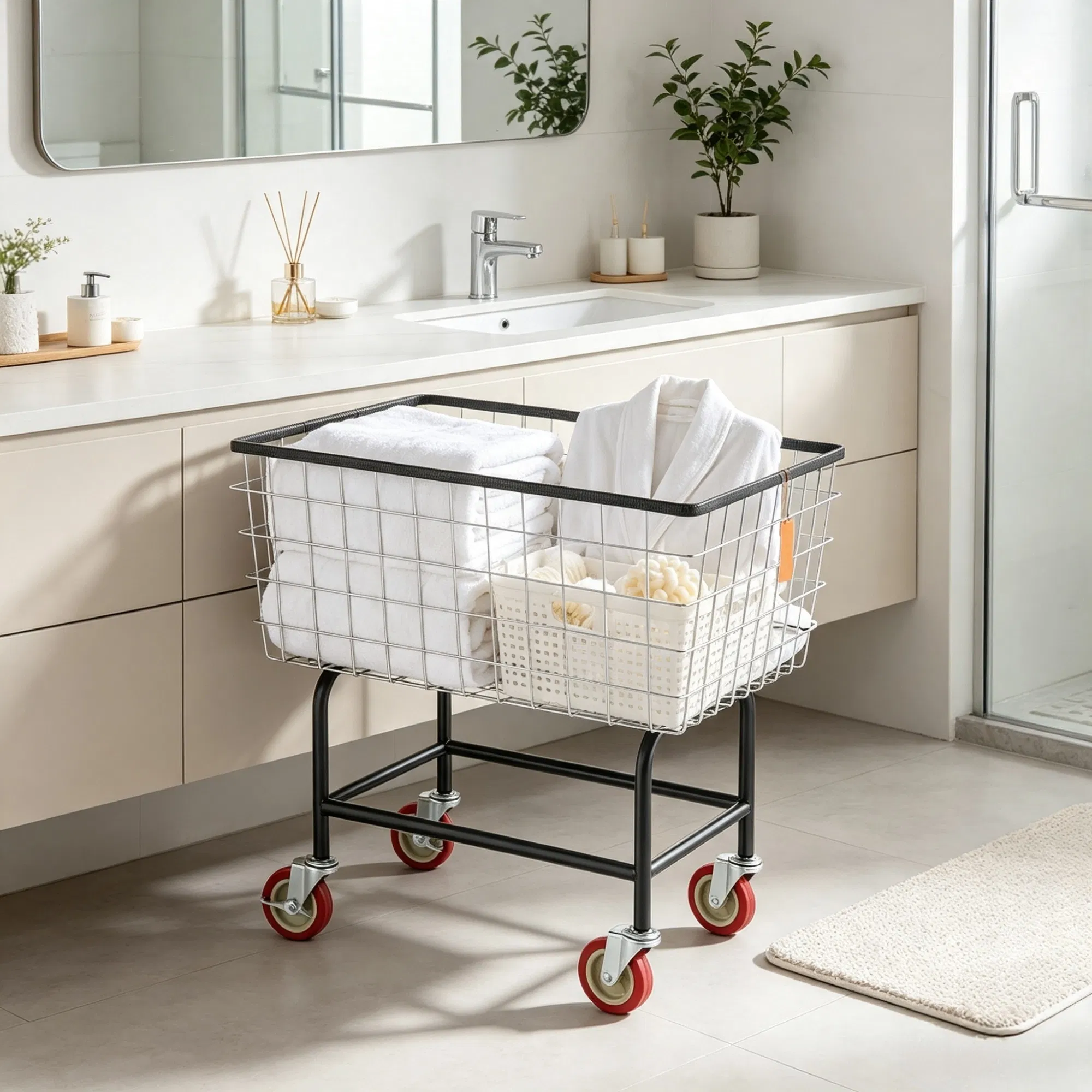 Wire Laundry Cart, 2.8 Bushel Wire Laundry Basket with Wheels, 26.7" x 21.7" x 26.4" Commercial Grade photo 3