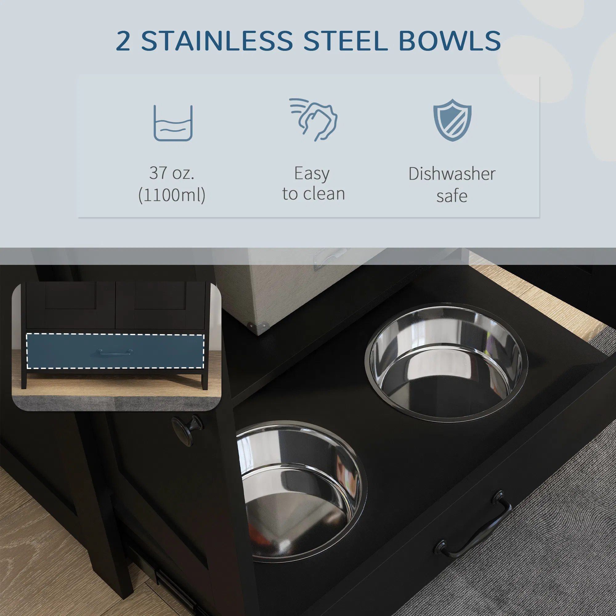 Pet Food Storage Container Dog Feeding Station w/ Adjustable Panel, Hooks, for Medium Sized Dogs, Black photo 2